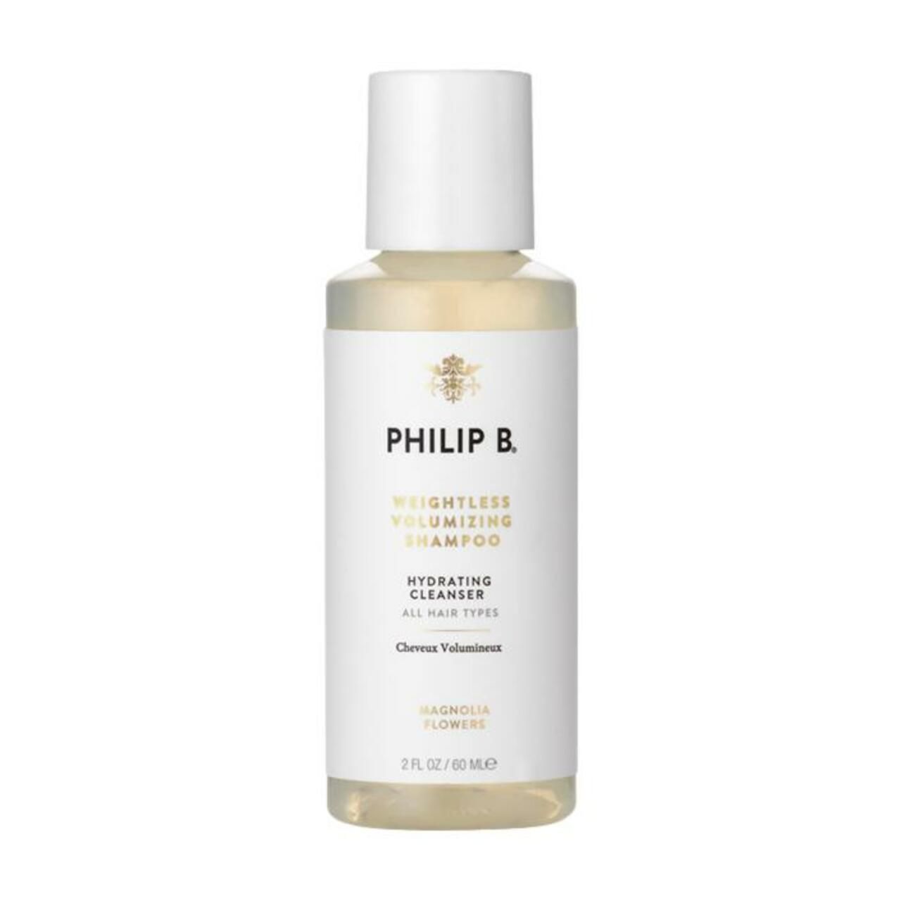 Flasche Philip B. Weightless Volumizing Shampoo. Weißer Deckel, weißes Etikett mit Logo und Produktbezeichnung.