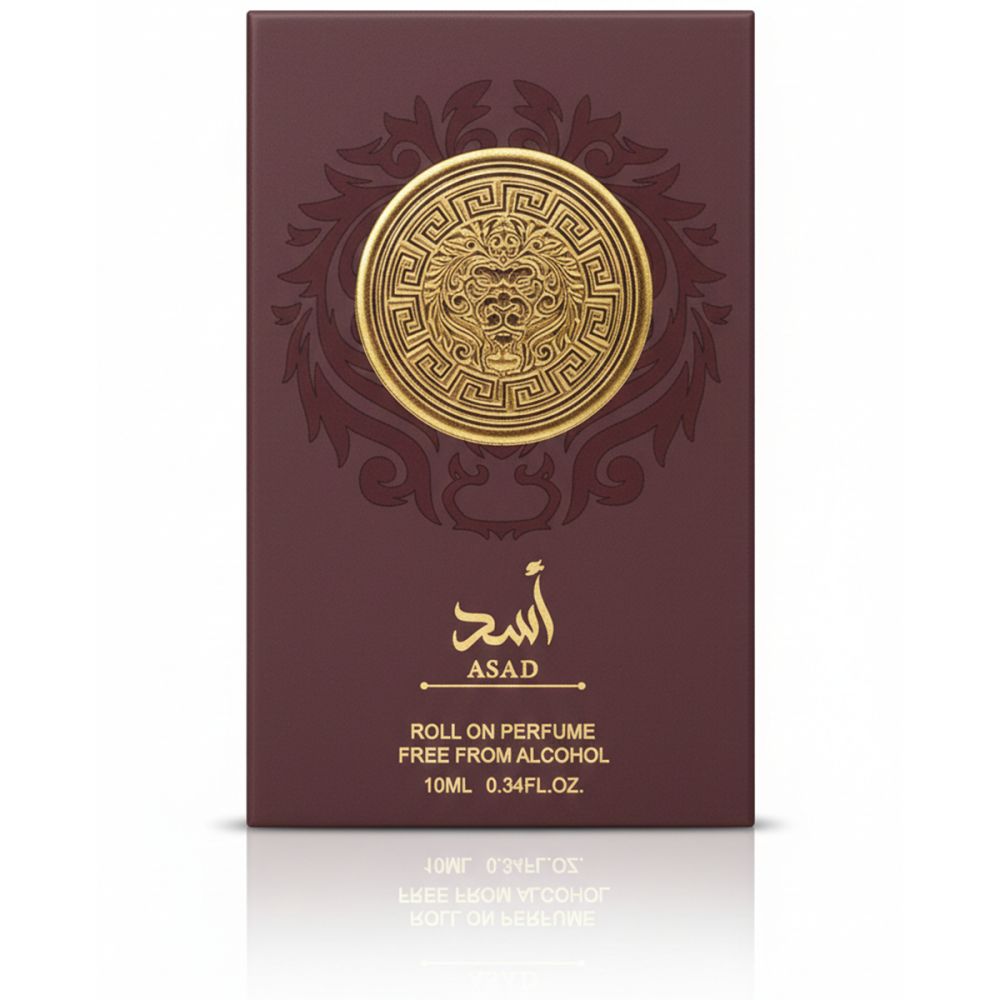 Dunkelbraune Verpackung mit goldenem Medaillon und arabischer Schrift. Text: 'ROLL ON PERFUME FREE FROM ALCOHOL'.