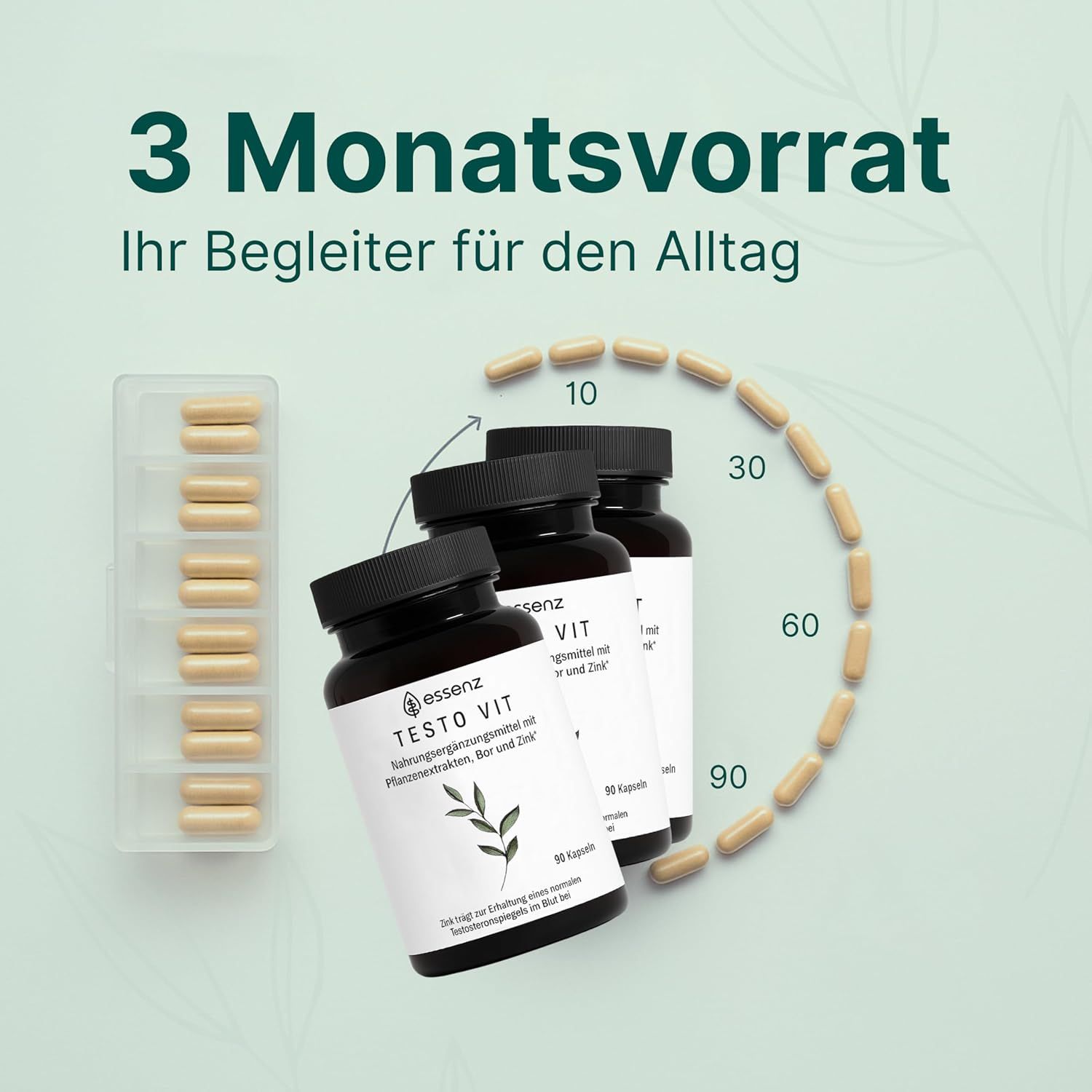 Drei Flaschen ESSENZ Testo Vit Kapseln und eine Blisterpackung mit Kapseln. Text: 3 Monatsvorrat. Ihr Begleiter für den Alltag.