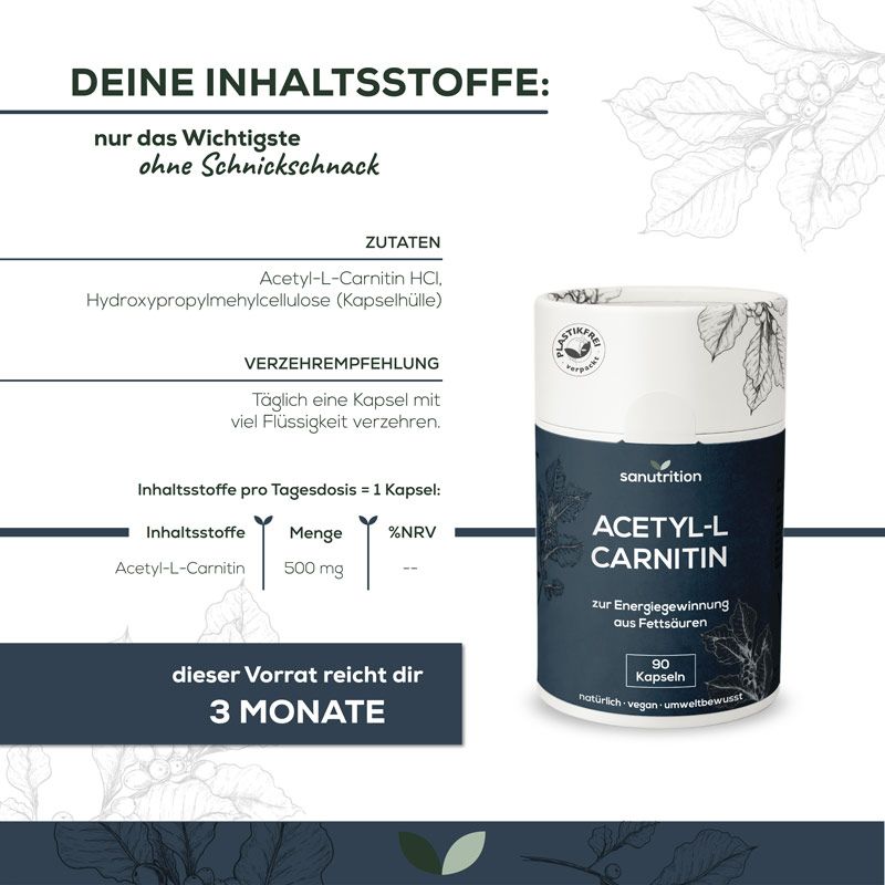 Infografik mit Sanutrition Acetyl-L-Carnitin. Enthält Informationen zu Inhaltsstoffen und Dosierung. 90 Kapseln. Vegan, umweltbewusst.
