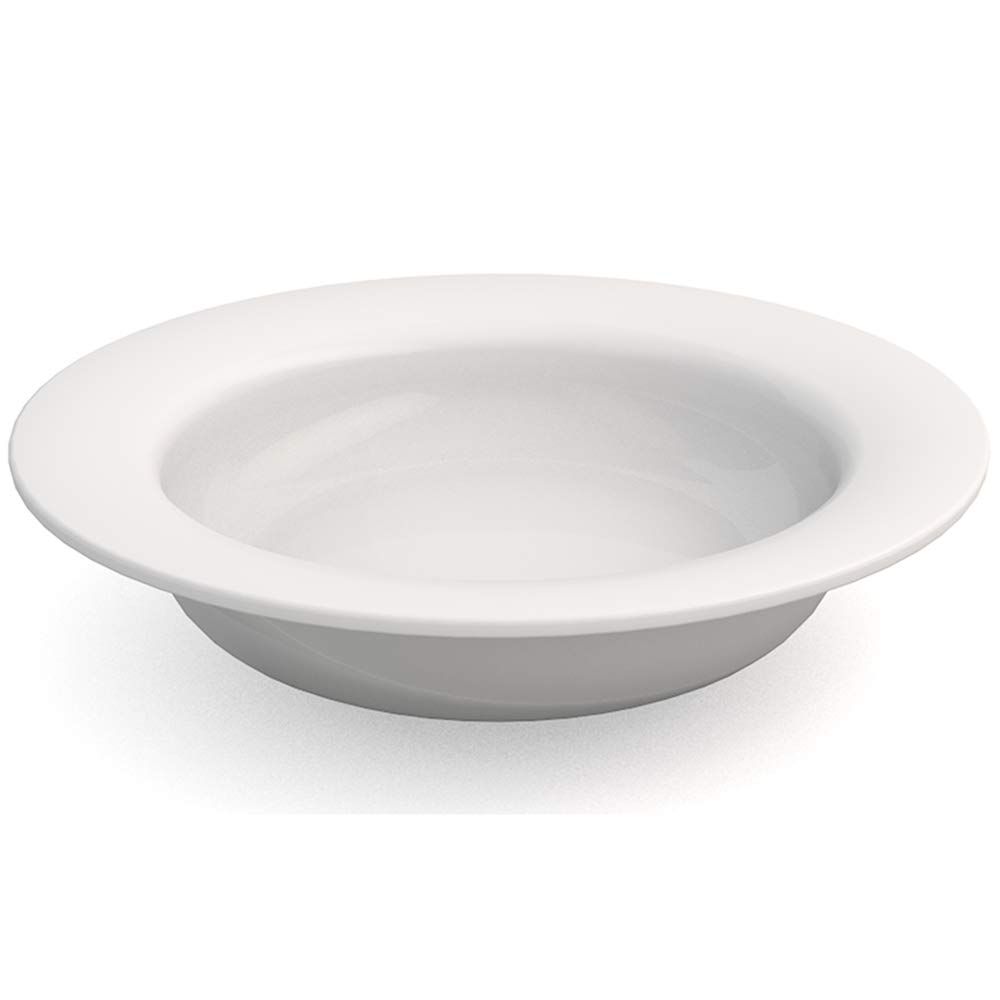 Weiße Schale, flache Form, breiter Rand. Seitenansicht, leicht geneigt.