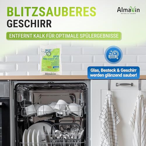 AlmaWin Spülmaschinen Salz entfernt Kalk für blitzsauberes Geschirr und optimale Spülergebnisse.