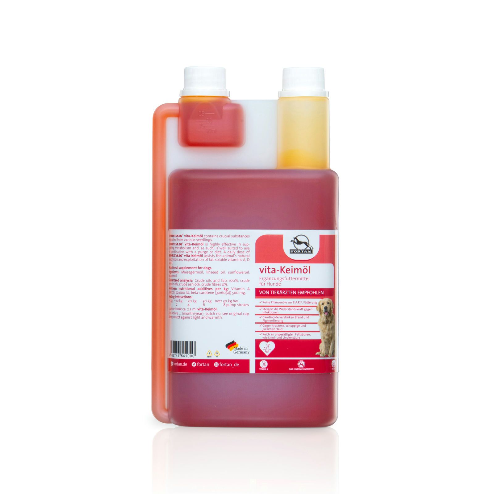 Rote Flüssigkeit in einer Flasche mit weißem Verschluss und Etikett. Zusätzliche kleine Flasche. Aufschrift: vita-Keimöl.