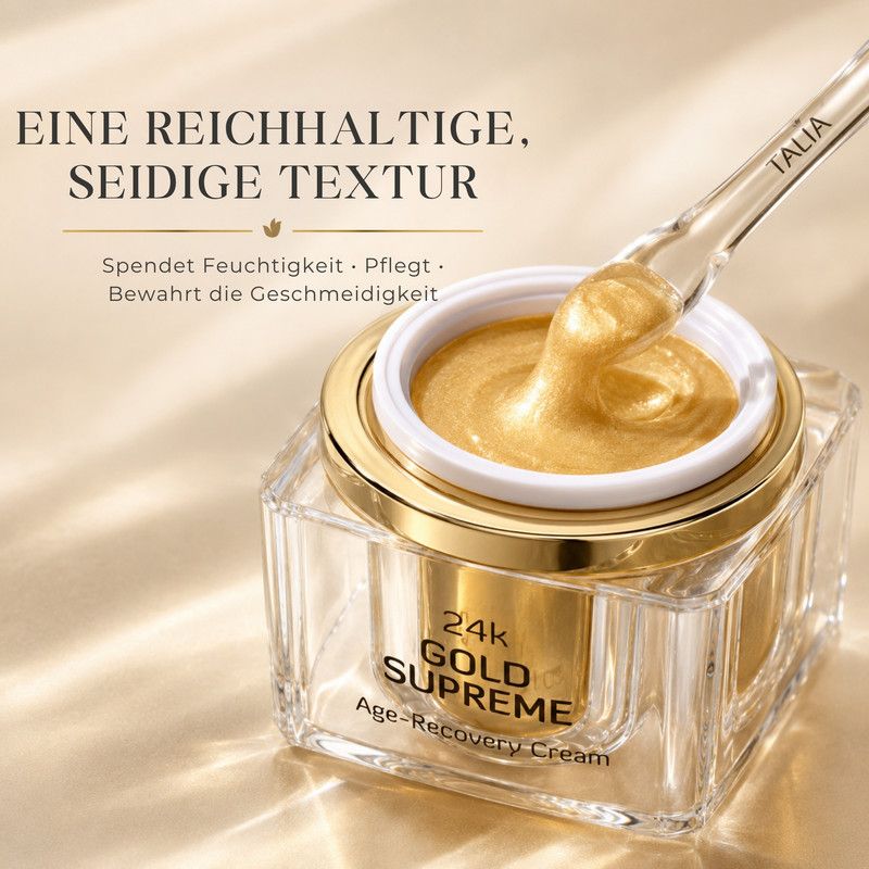 Ein Tiegel mit goldener Creme, angereichert mit 24K Gold, mit einem Spatel.