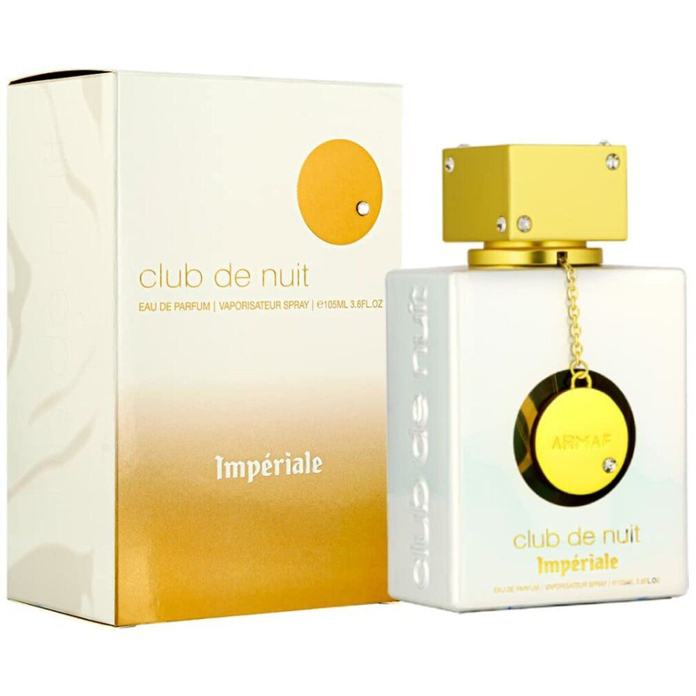Weißer Flakon mit goldfarbenem Deckel und Anhänger. Aufschrift: Club de Nuit Impériale. Verpackung: Weiß mit goldfarbenem Farbverlauf.