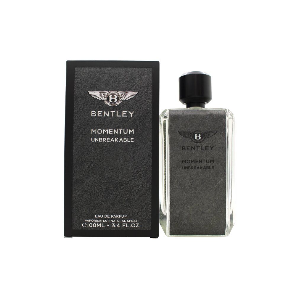 Bentley Momentum Unbreakable EdP Nat. Spray. Flakon und Verpackung. Logo und Schriftzug. Eckige Form. 100ml.