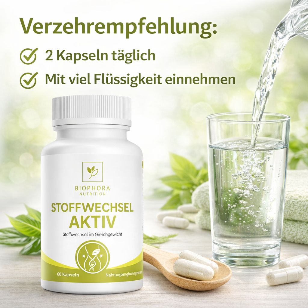 Eine Flasche mit der Aufschrift "STOFFWECHSEL AKTIV" wird von einer Frau gehalten. Sie lächelt und trägt Kopfhörer.
