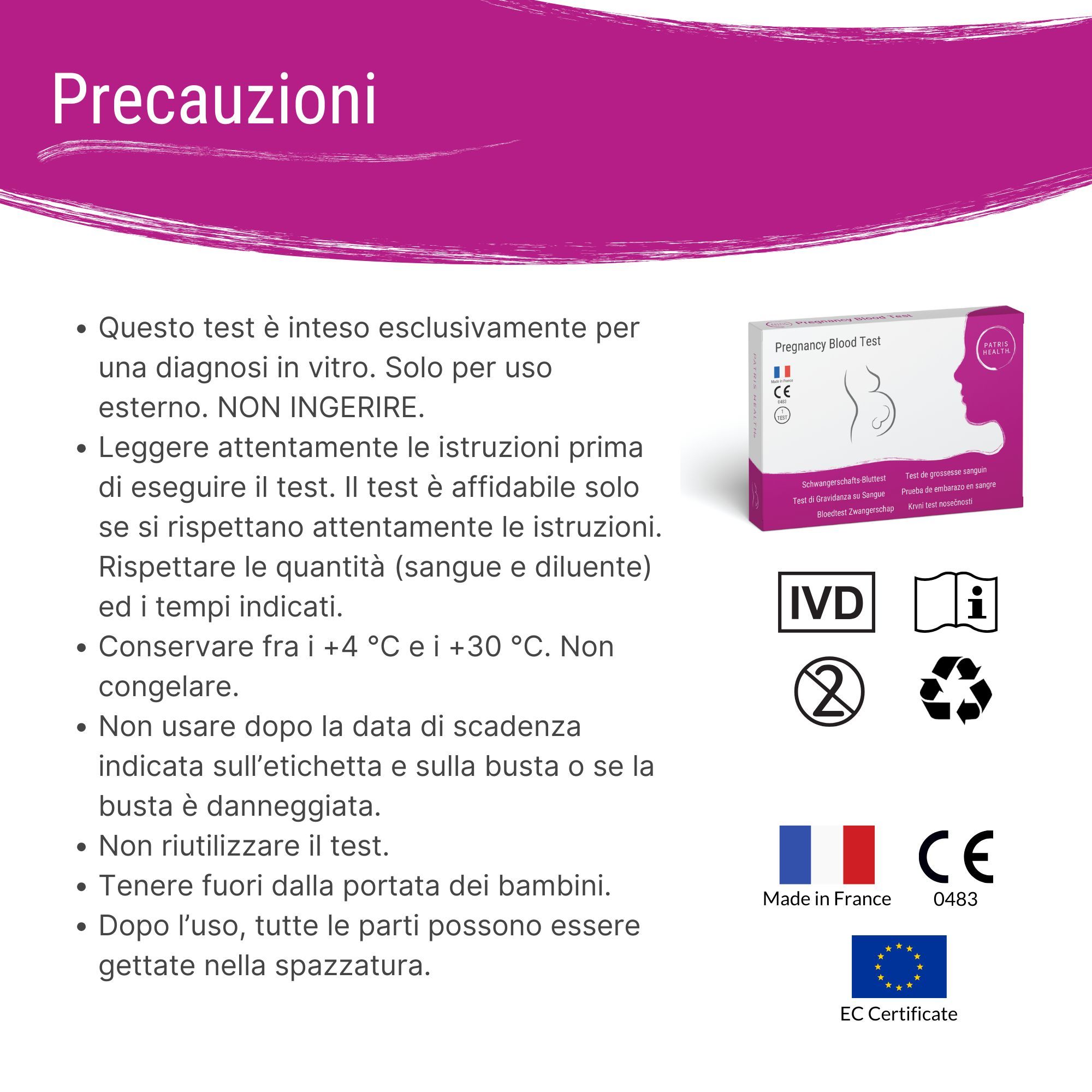 Precauzioni per il test del sangue di gravidanza. Contiene informazioni importanti sull'uso e la conservazione.