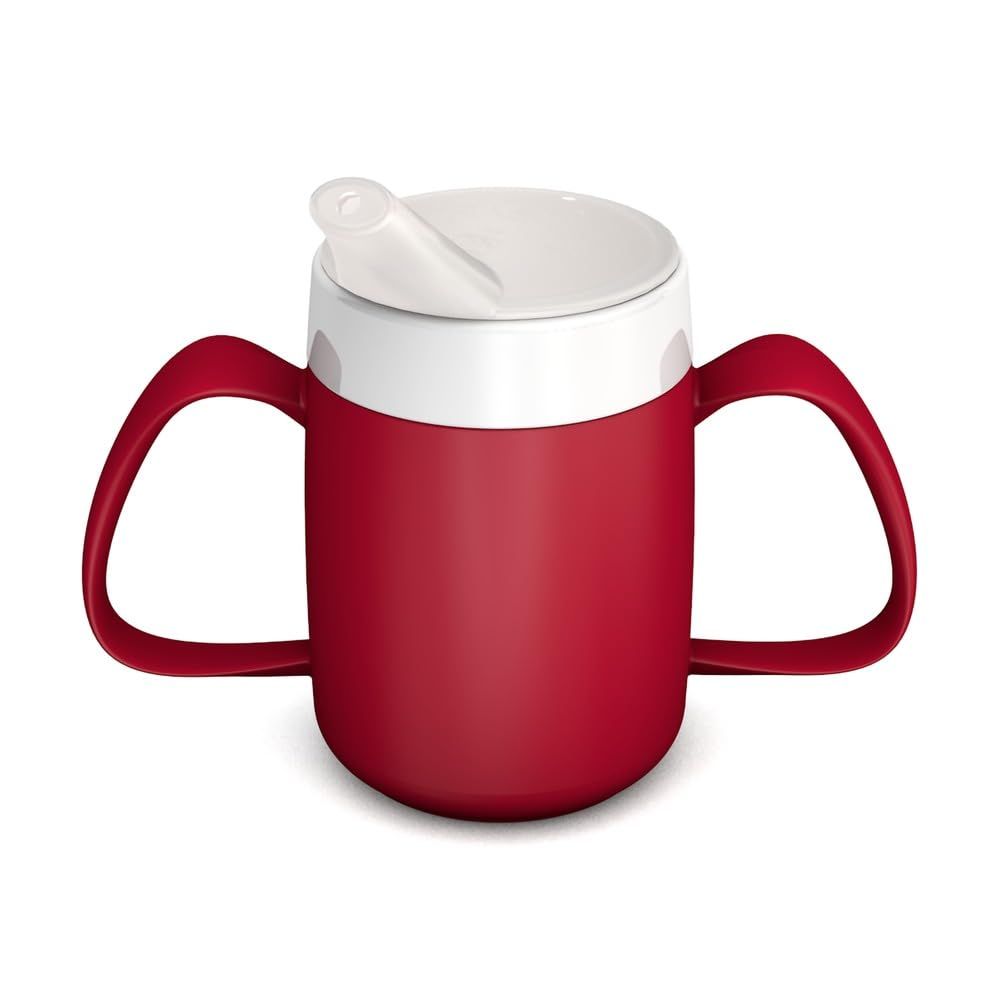 Becher mit zwei Henkeln, rot, weißer Deckel mit Trinkaufsatz.