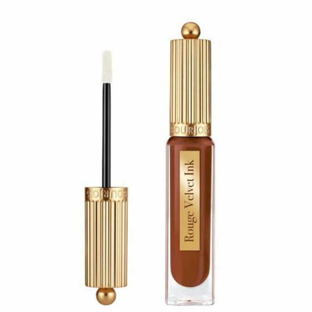 Lippenstift Bourjois Velvet Ink, braun. Goldfarbene Kappe, weißer Applikator. Produktname auf dem Flakon.
