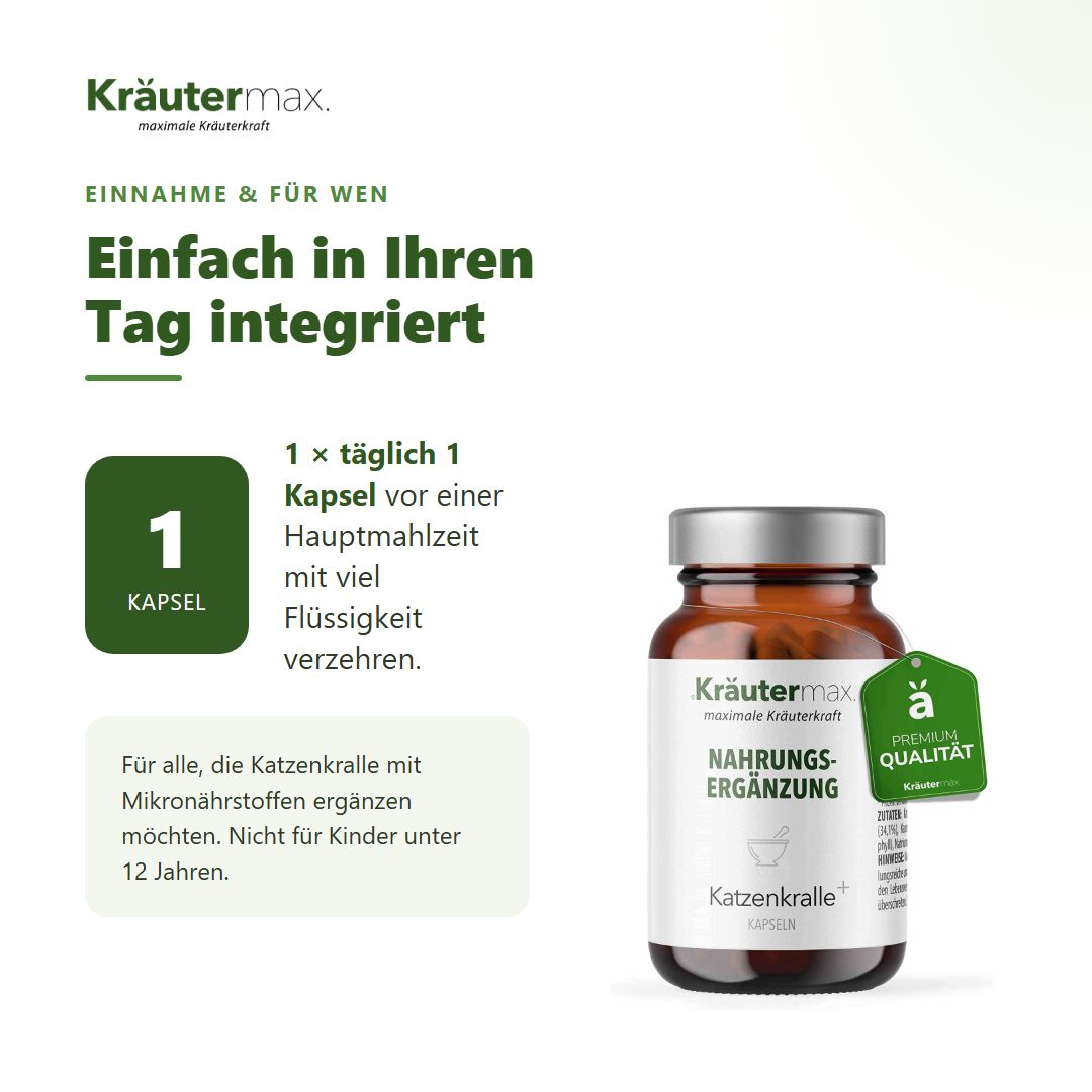 Anwendungshinweis: 1 Kapsel täglich mit Flüssigkeit einnehmen. Kräutermax Flasche daneben.