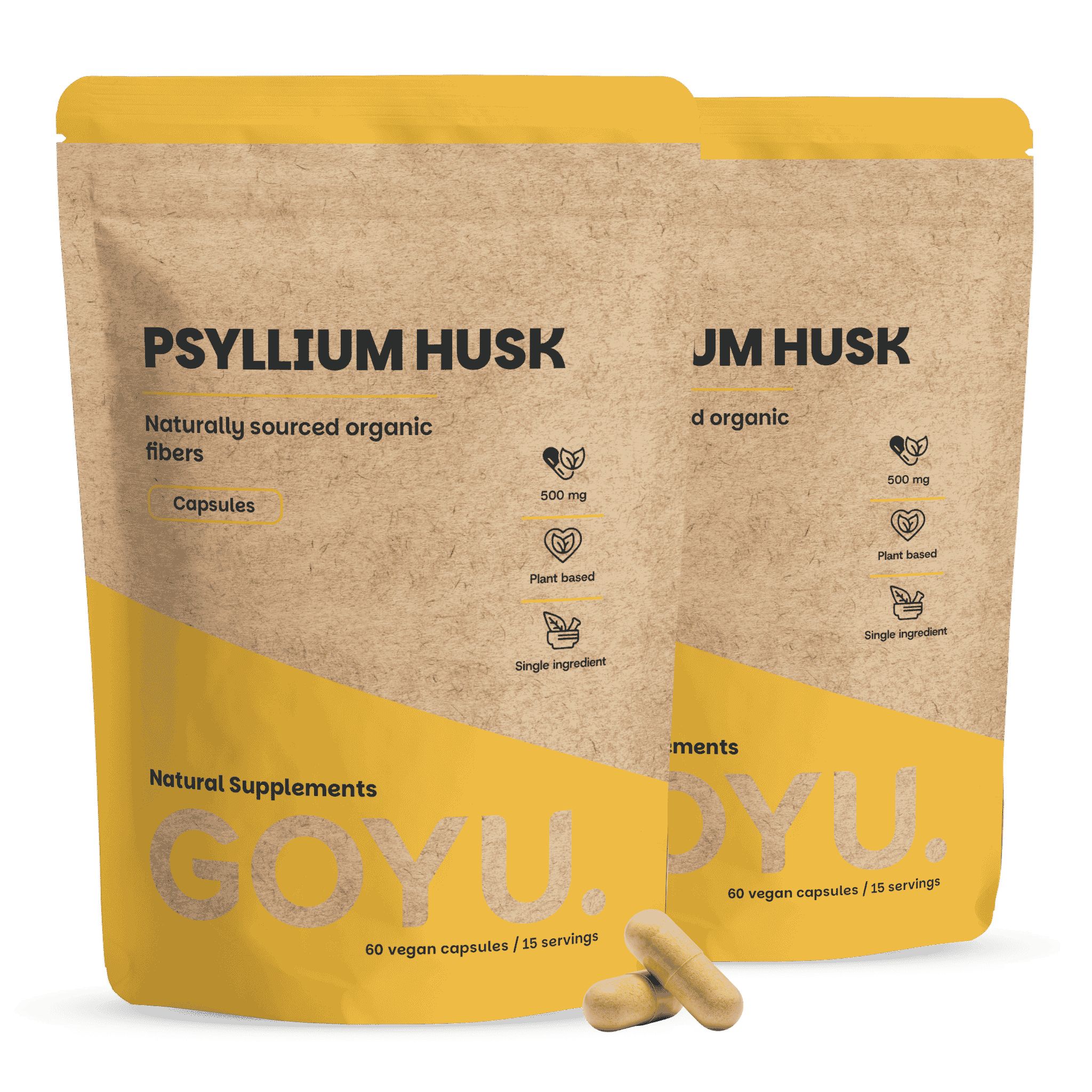 Zwei Packungen Psyllium Husk Kapseln, 500 mg, natürlich und biologisch.