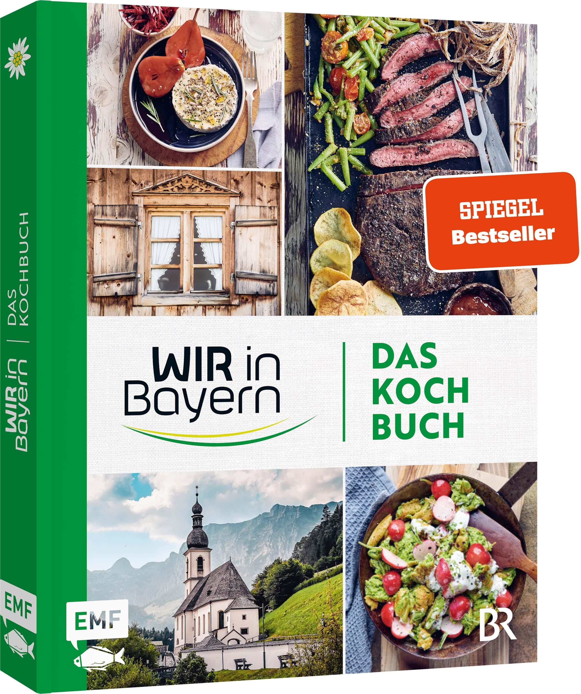Kochbuch mit dem Titel "Wir in Bayern - Das Kochbuch". Auf dem Cover sind Fotos von Speisen und Landschaften abgebildet. Mit "Spiegel Bestseller" Siegel.
