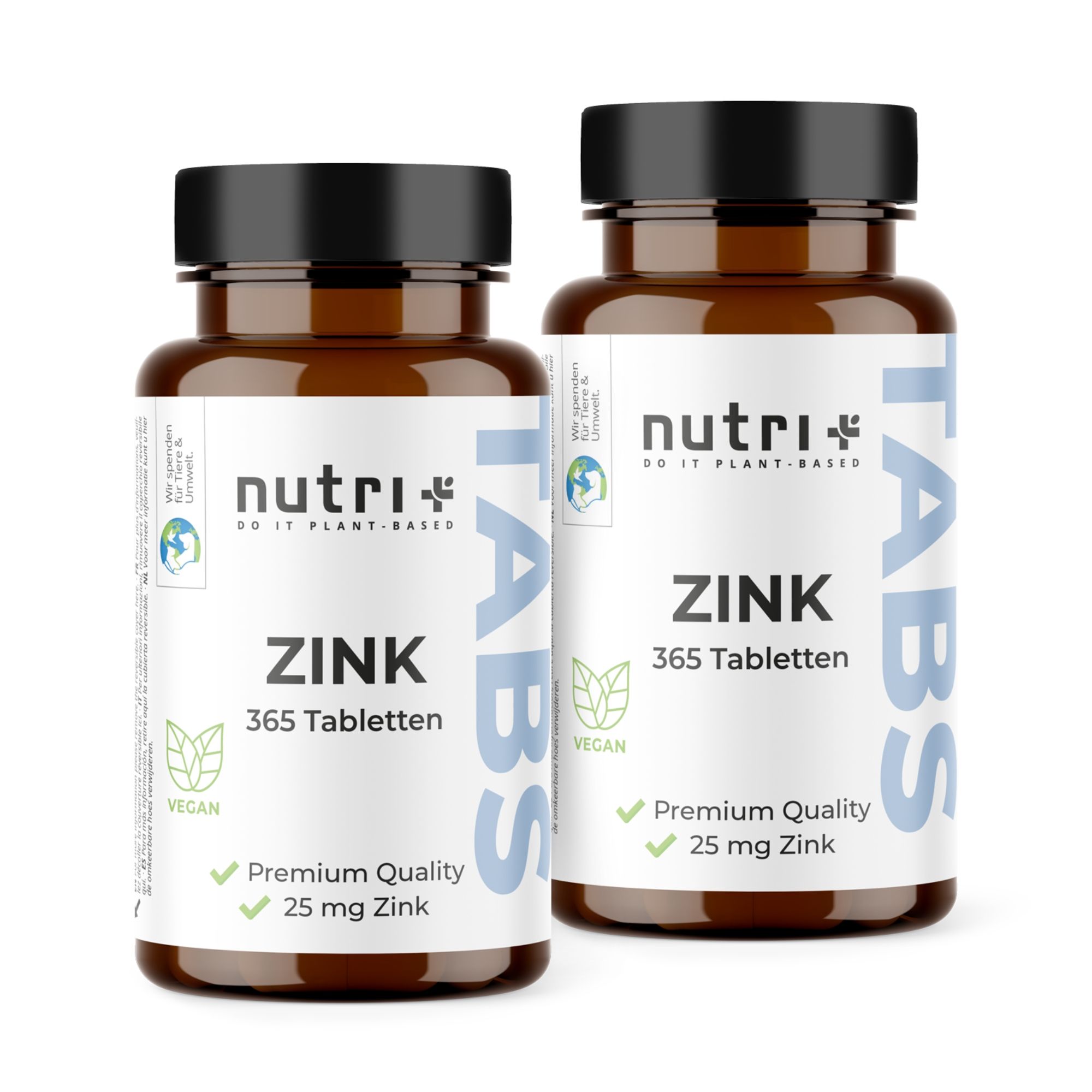 Zwei braune Flaschen mit schwarzen Deckeln. Auf den Etiketten steht "nutri+" und "ZINK 365 Tabletten". Vegan-Siegel.