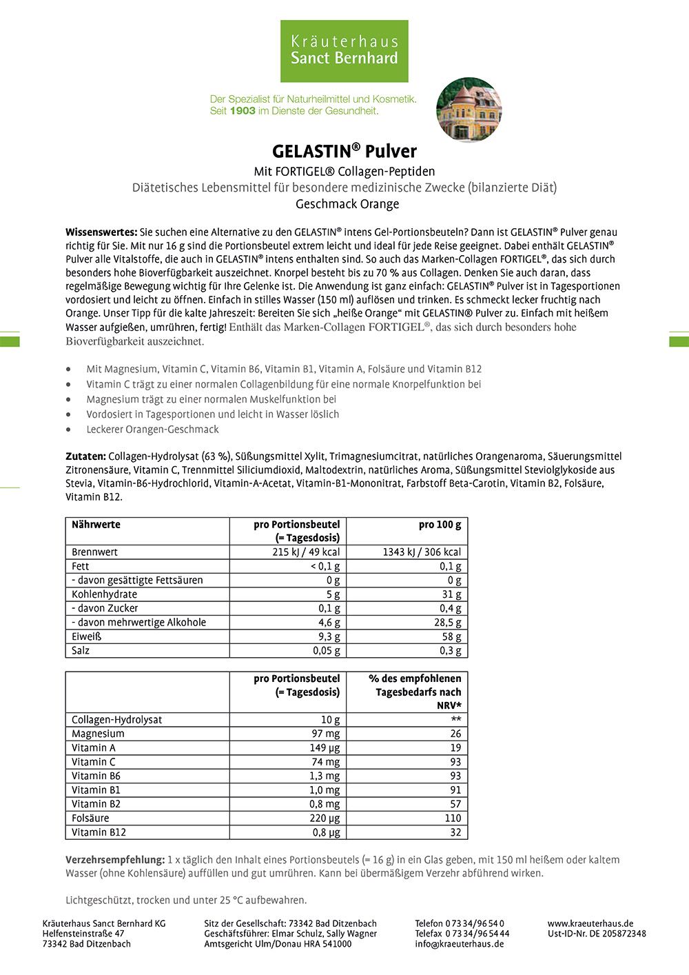 Textseite mit Informationen zu "GELASTIN® Pulver". Enthält Nährwertangaben, Inhaltsstoffe und Hinweise zur Anwendung.