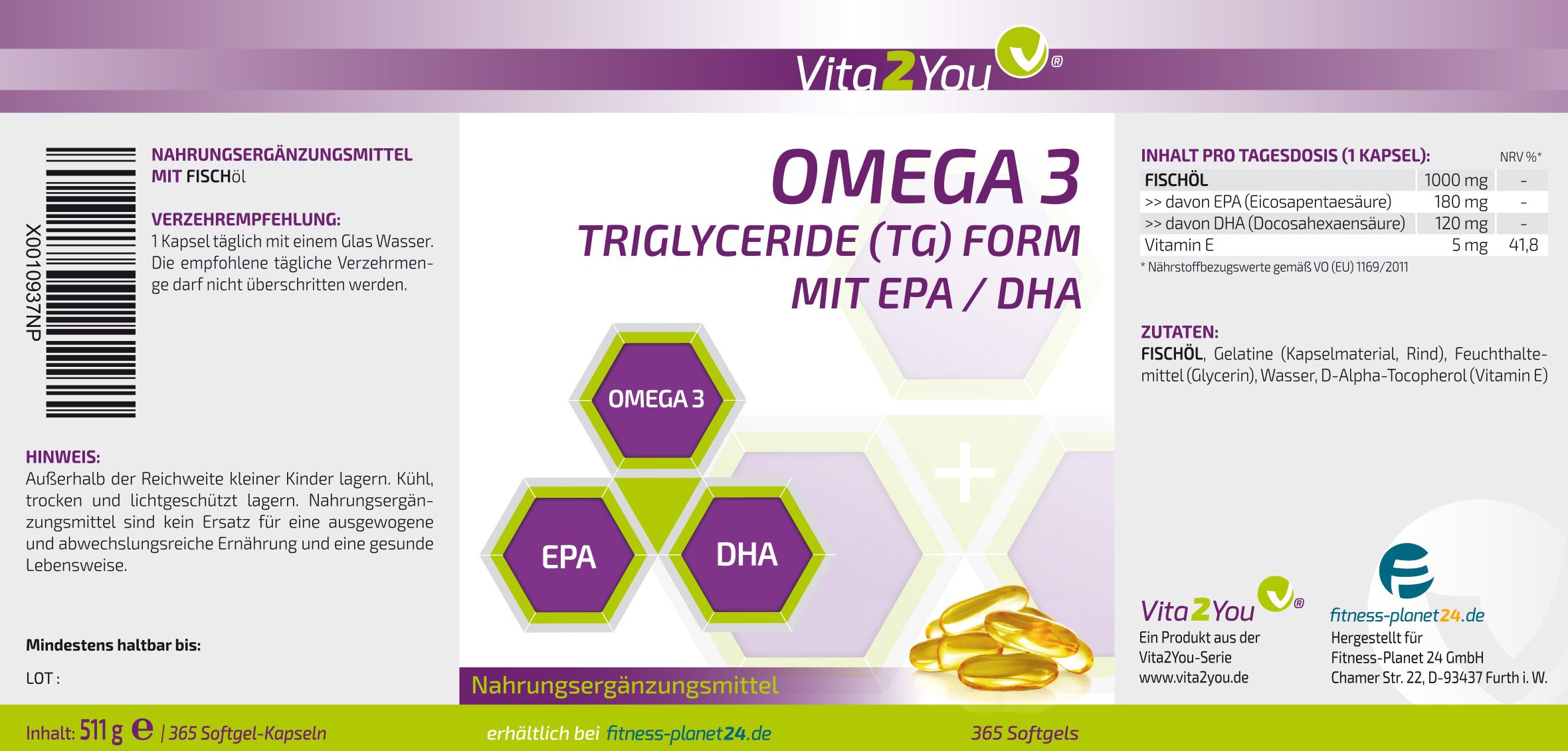 Vita2You Omega 3 - 1000mg - Triglyceride Form - EPA & DHA