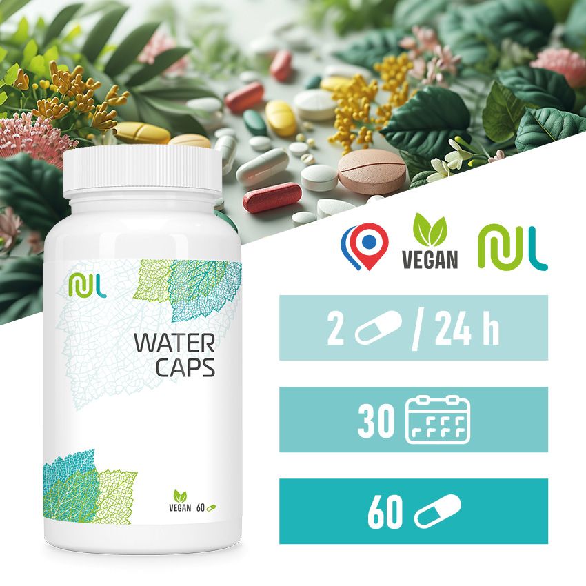 Weiße Flasche mit Schraubverschluss. Aufschrift: WATER CAPS, VEGAN 60. Grün-blaue Blätter-Grafik. Logo: NL. Zusätzliche Informationen.