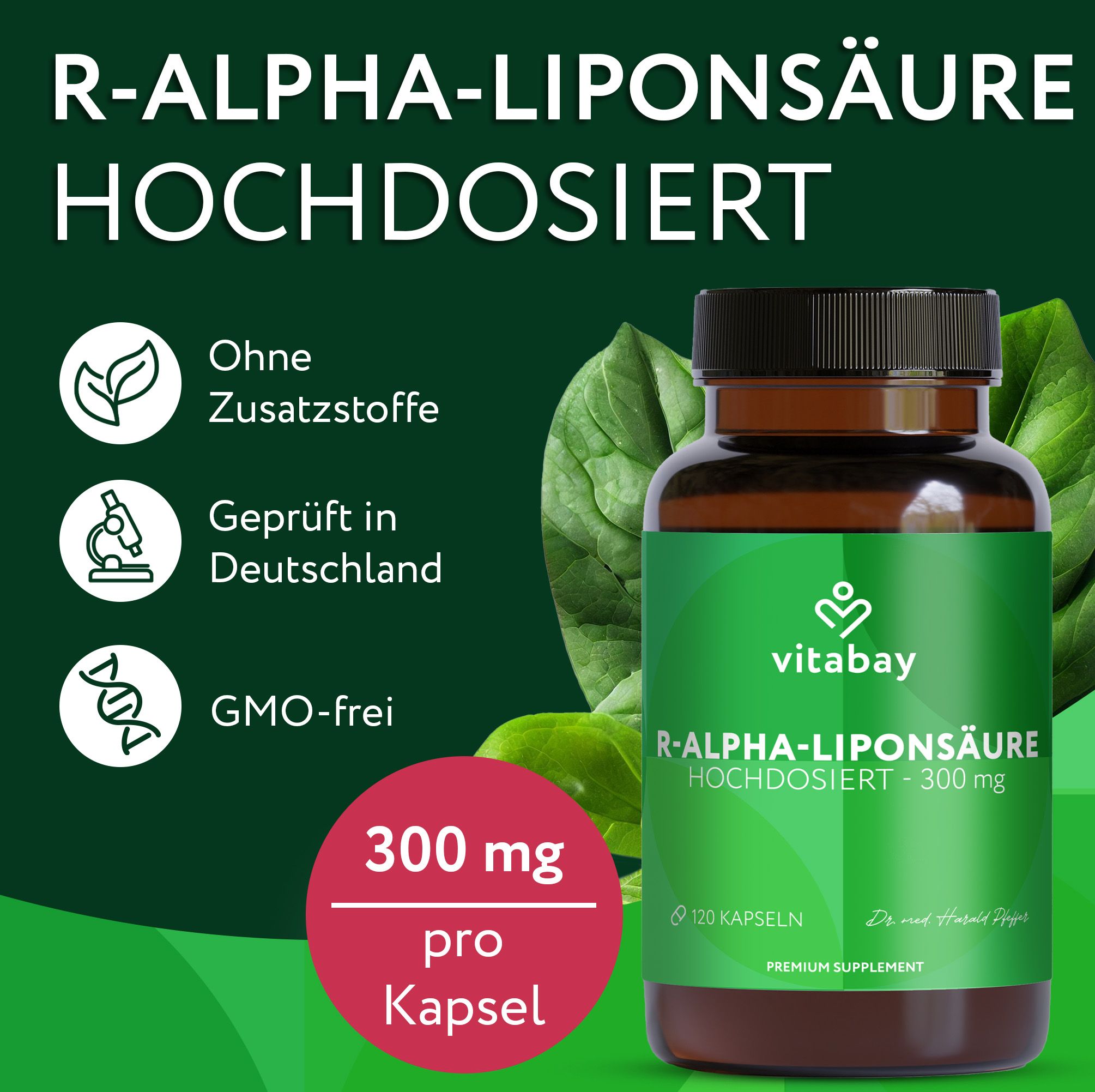 Braune Flasche mit grünem Etikett: R-ALPHA-LIPONSÄURE HOCHDOSIERT 300 mg. 120 Kapseln. Vitabay Logo. Logos: Ohne Zusatzstoffe, geprüft in Deutschland, GMO-frei.