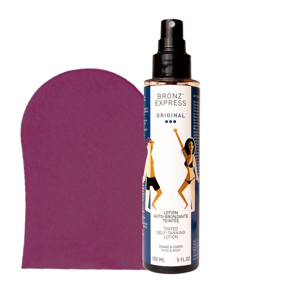 Bronz Express Selbstbräuner Lotion Sprühflasche mit einem lila Applikator-Handschuh daneben.