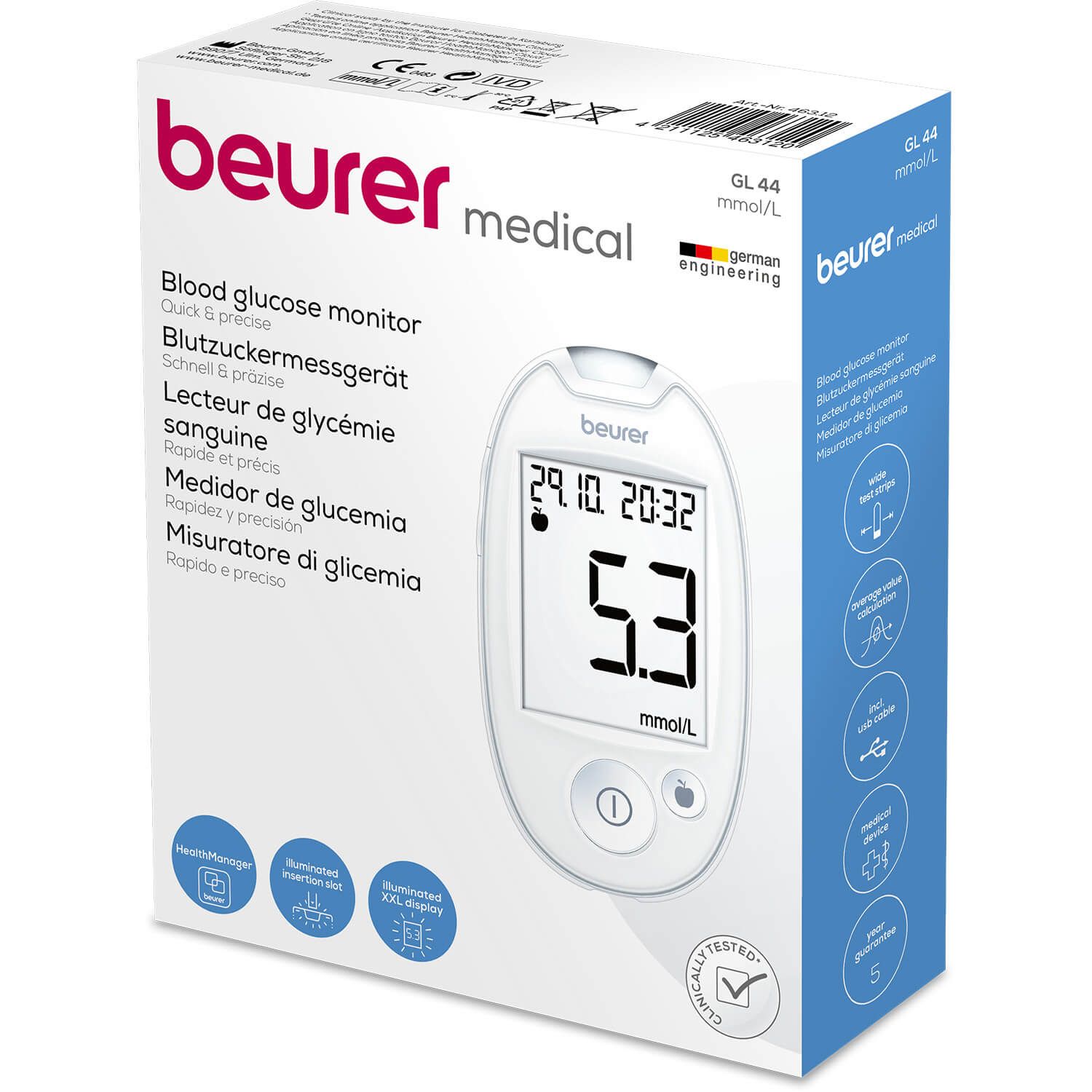 Beurer GL 44 Blutzuckermessgerät im Karton, mit digitaler Anzeige und Bedientasten.