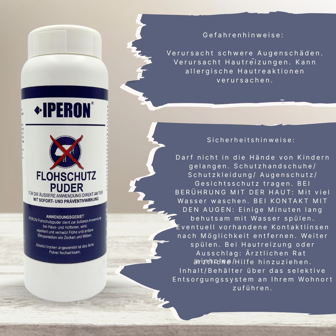 Flasche IPERON® Flohschutz Puder mit Sicherheitshinweisen und Gefahrenhinweisen.