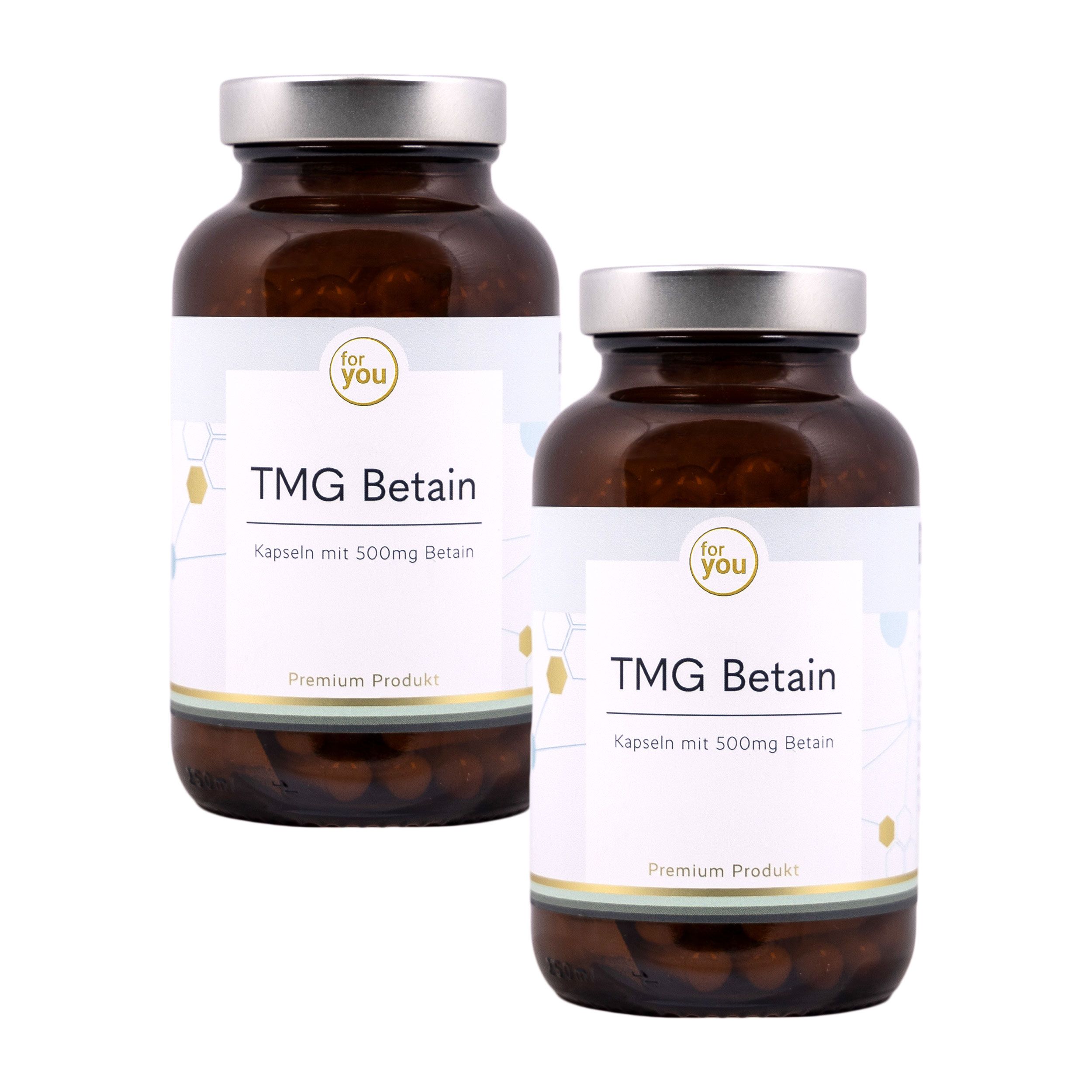 Zwei braune Glasflaschen mit silbernen Deckeln. Auf den Etiketten steht "for you TMG Betain".