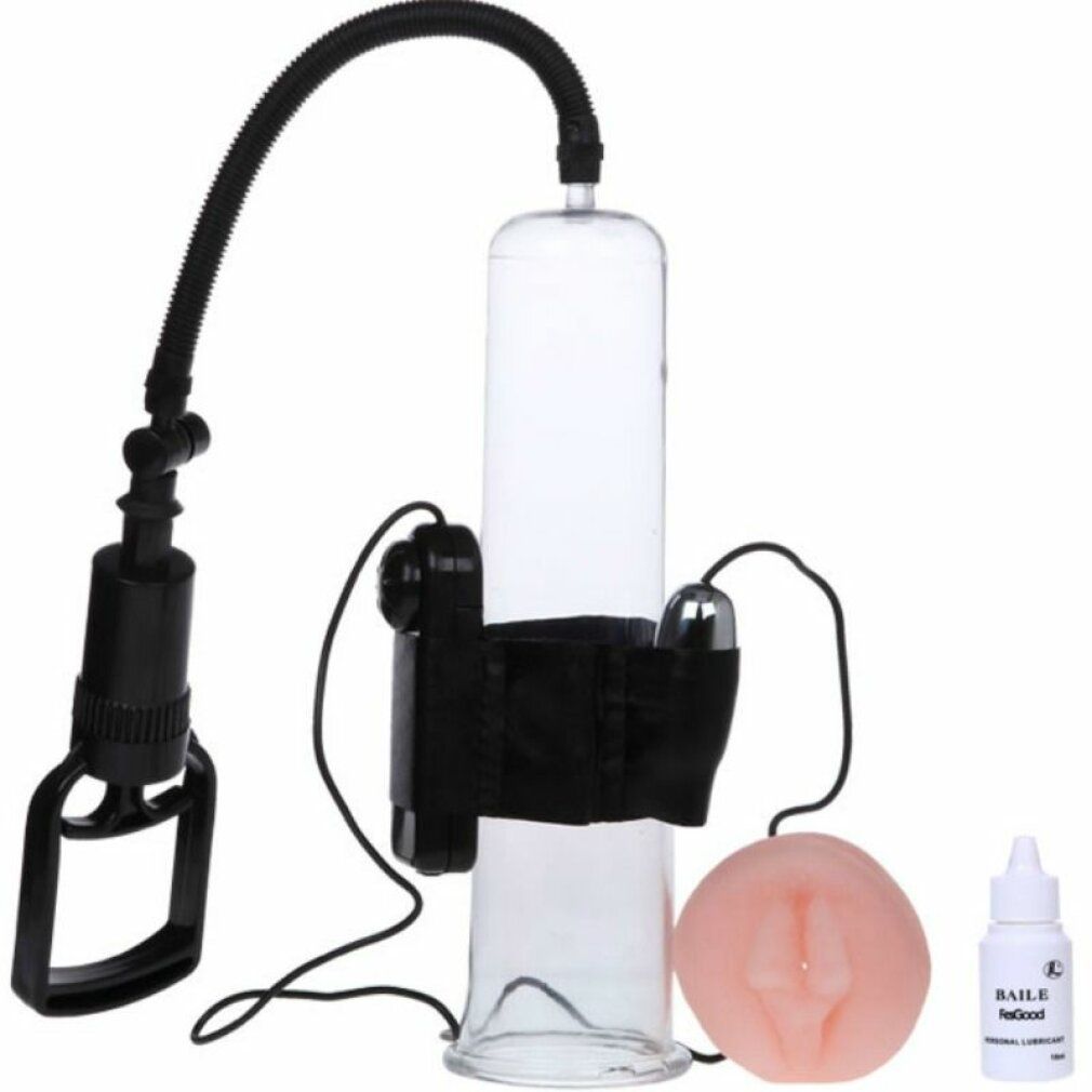 Pumpe mit Griff, Schlauch, Zubehör. Vagina-Optik, Schmiermittel-Flasche. Schwarze und transparente Elemente.