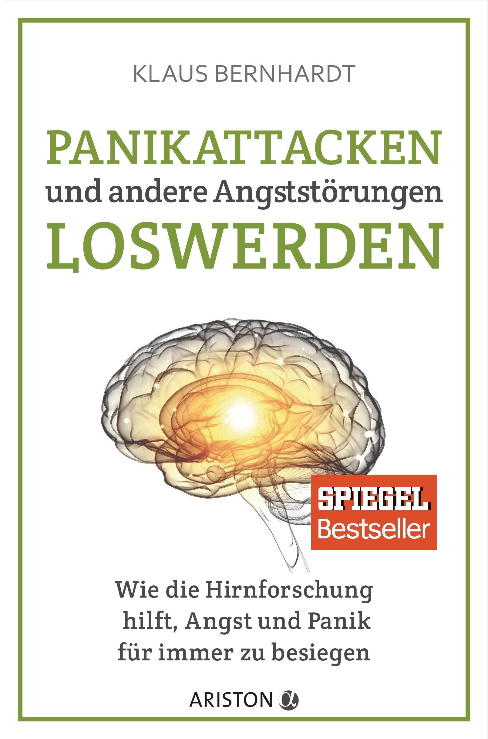 Buchcover mit Titel: Panikattacken und andere Angststörungen loswerden. Gehirn-Illustration. Spiegel Bestseller-Siegel.
