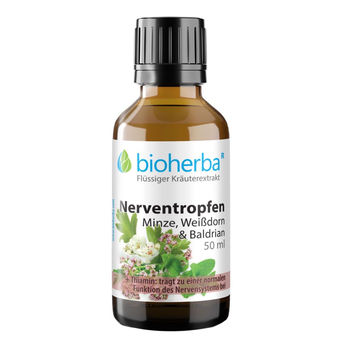 Braune Glasflasche mit schwarzem Deckel. Etikett mit Produktnamen, Logo und floralen Illustrationen. 50 ml.