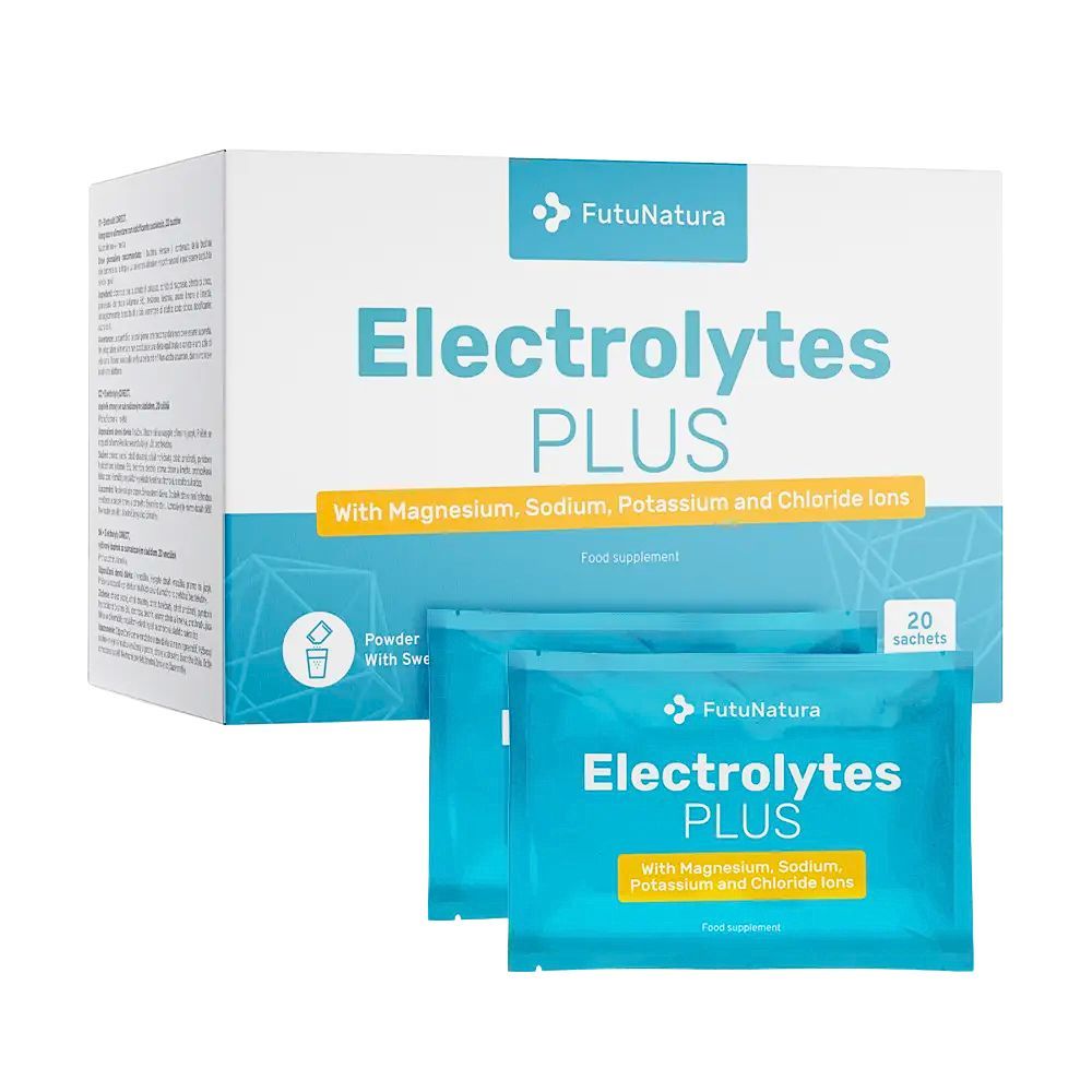 FutuNatura Elektrolyte Plus. Weiße Schachtel und blaue Beutel. Text: Elektrolytes PLUS. Enthält Magnesium, Natrium, Kalium und Chlorid-Ionen.