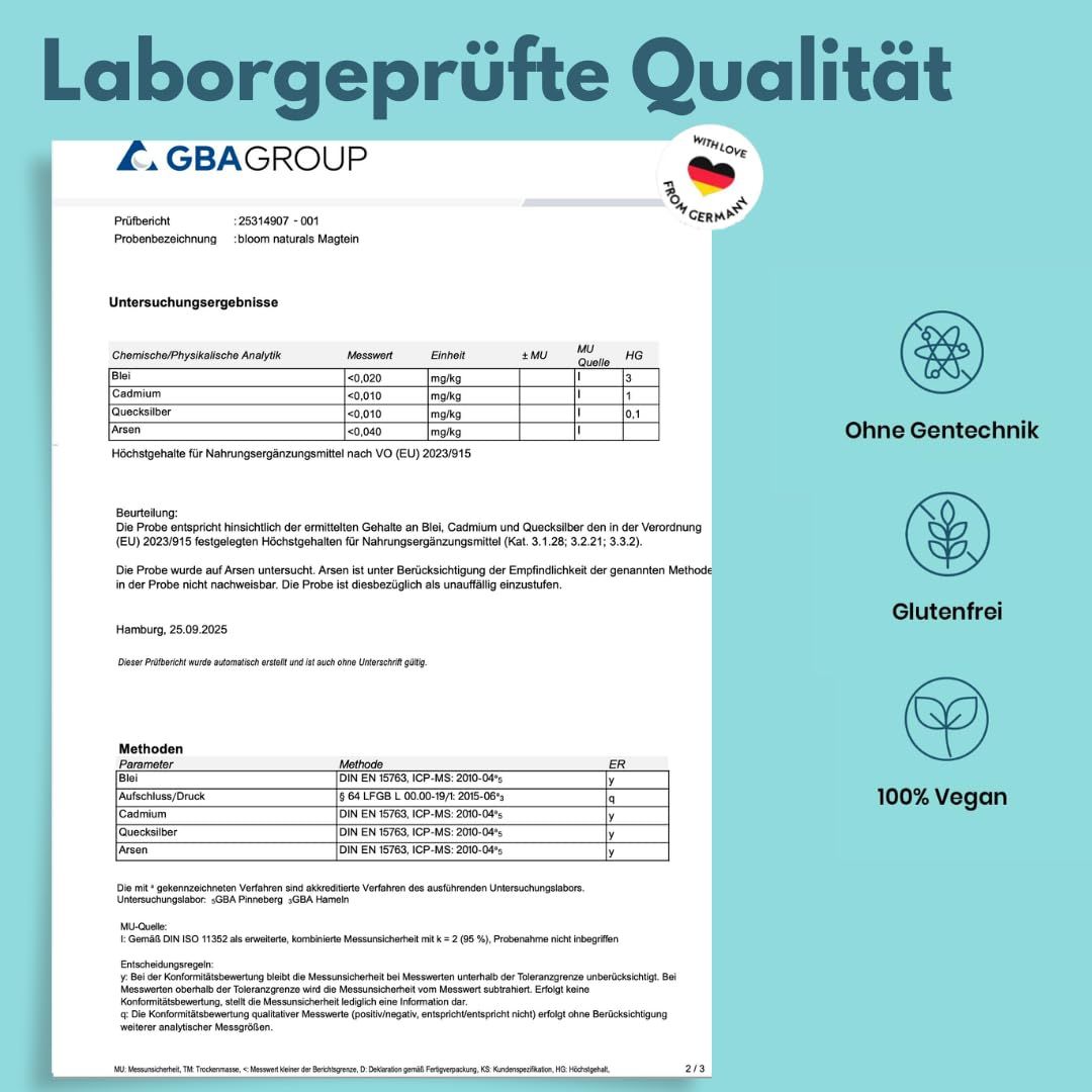 Laborbericht. Text: Laborgeprüfte Qualität, ohne Gentechnik, glutenfrei, 100% vegan. Logo: GBA Group.