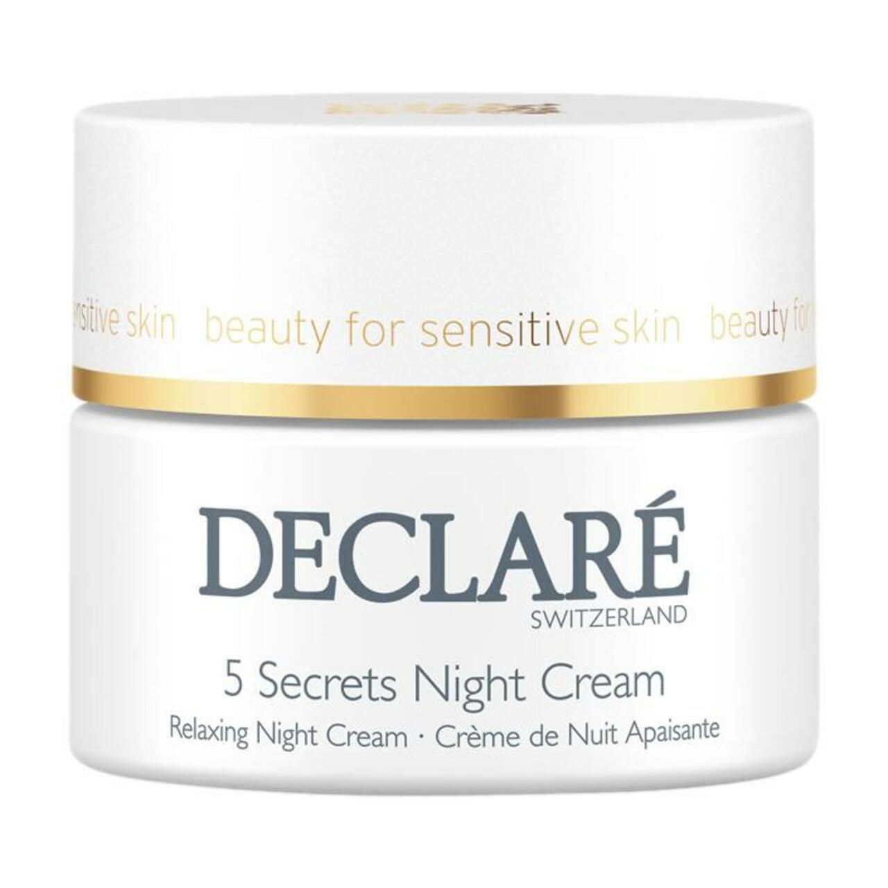 Weißes Tiegel mit goldfarbenem Rand. DECLARÉ 5 Secrets Night Cream. Text: Relaxing Night Cream.