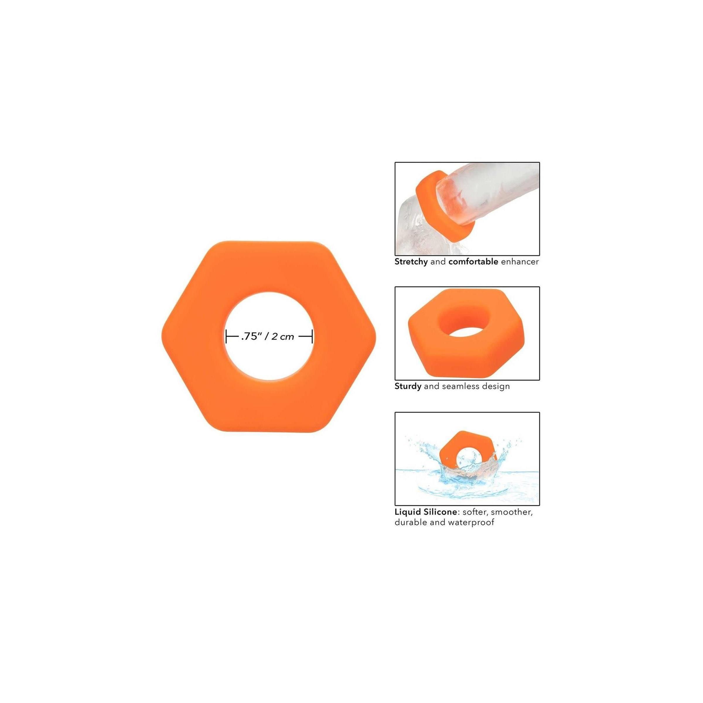 Orangener Sexagon-Ring mit rundem Loch. Maße: 0,75 Zoll/2 cm.