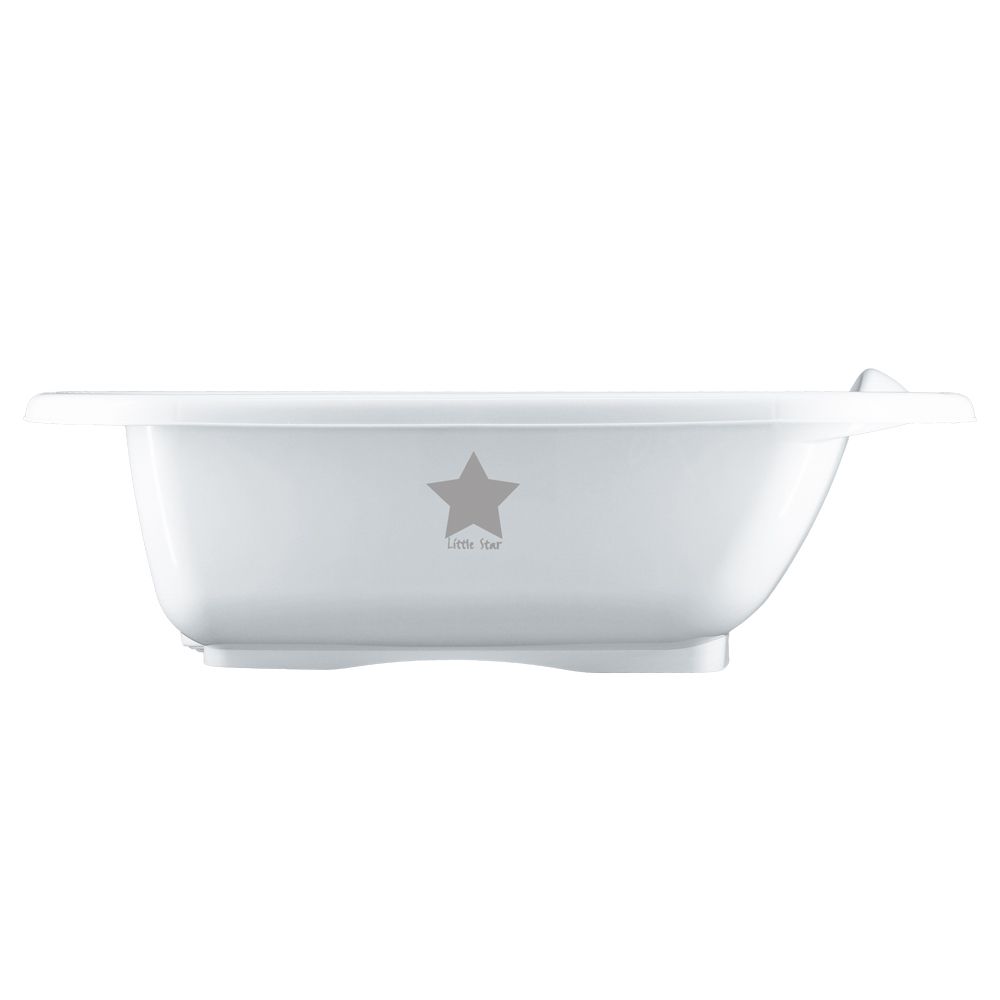Weiße Babybadewanne mit Stern-Logo. Rechteckige Form mit abgerundeten Ecken. Griff an der Seite.