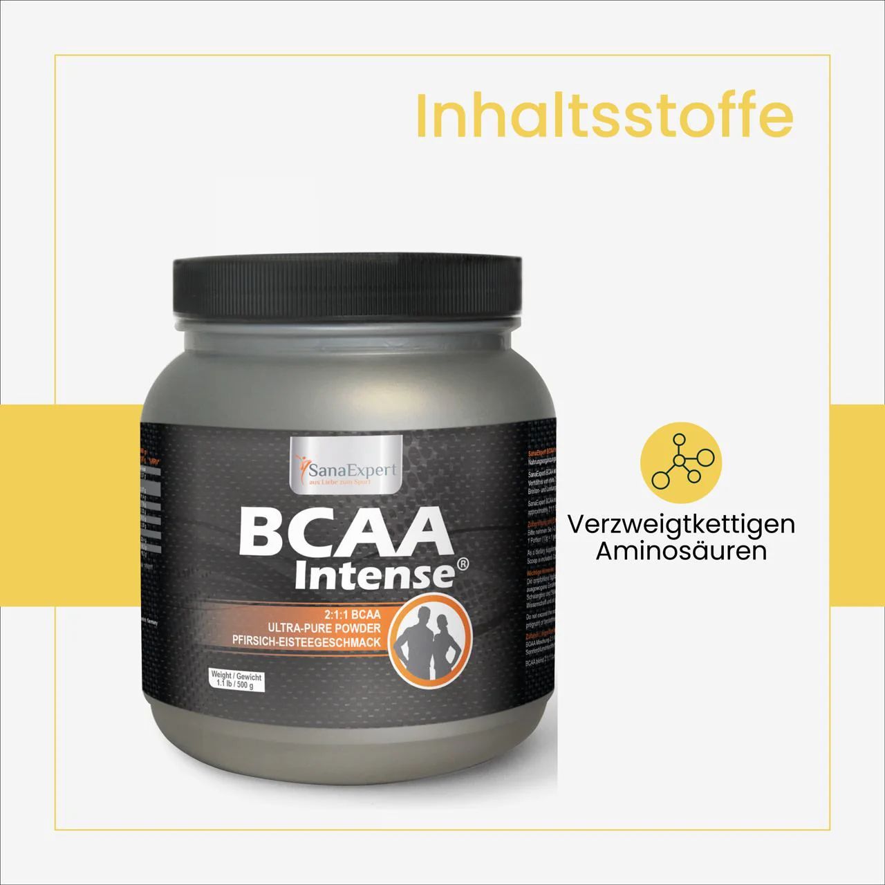 Graue Dose SanaExpert BCAA Intense. Schwarzer Deckel. Aufschrift BCAA Intense. Gelber Hintergrund mit Text: Inhaltsstoffe, verzweigtkettige Aminosäuren.