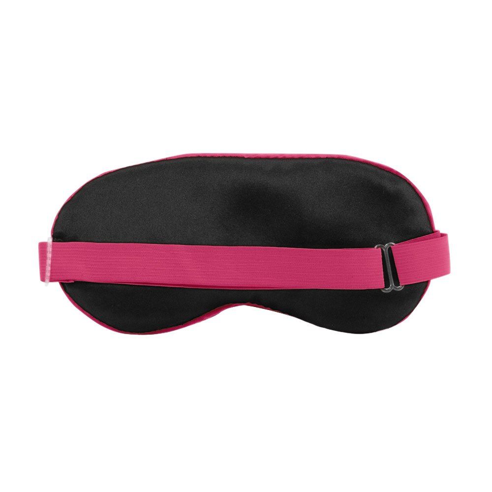 Schlafmaske, schwarz und pinkfarben. Elastisches Band. Rückansicht. 