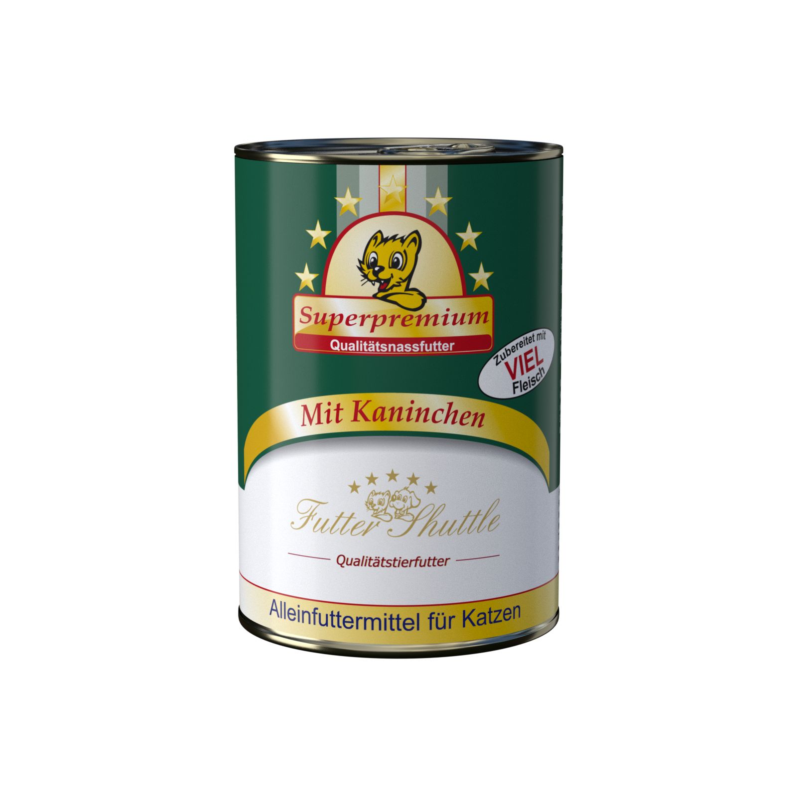 Grüne Dose Katzenfutter mit Kaninchen. Aufschrift: Superpremium, Mit Kaninchen, Futter Shuttle. Alleinfuttermittel für Katzen.