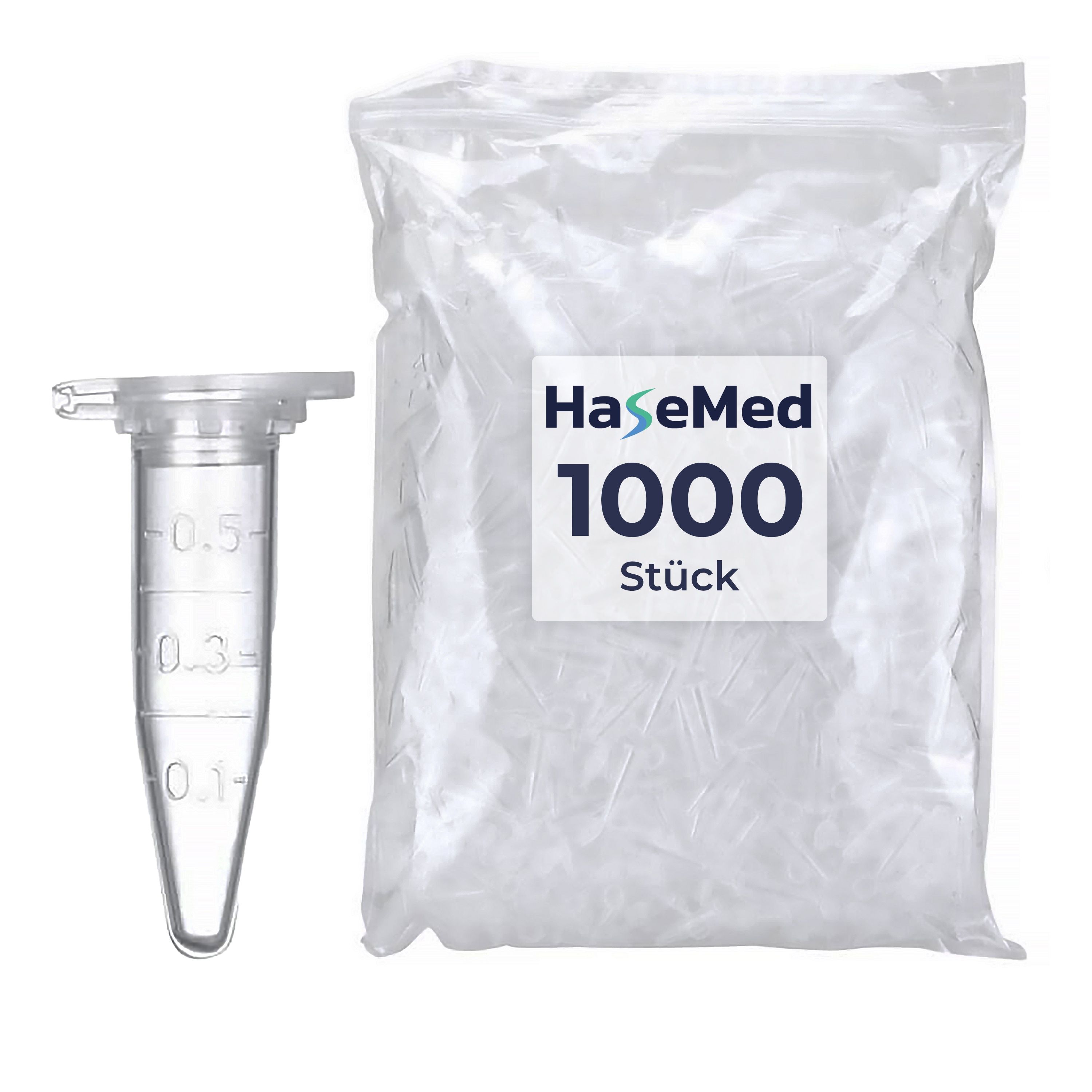 Zentrifugenröhrchen mit Deckel, transparent, mit Skala. Daneben Beutel mit 1000 Stück, Aufschrift HaseMed.