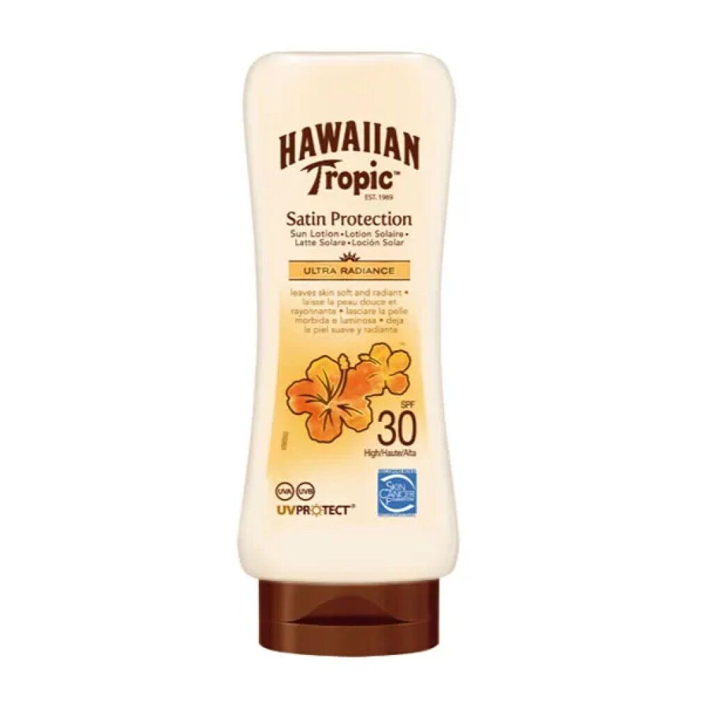 Hawaiian Tropic Satin Protection Sonnenschutz Ultra Radiance LSF 30 Flasche mit Hibiskus-Motiv.