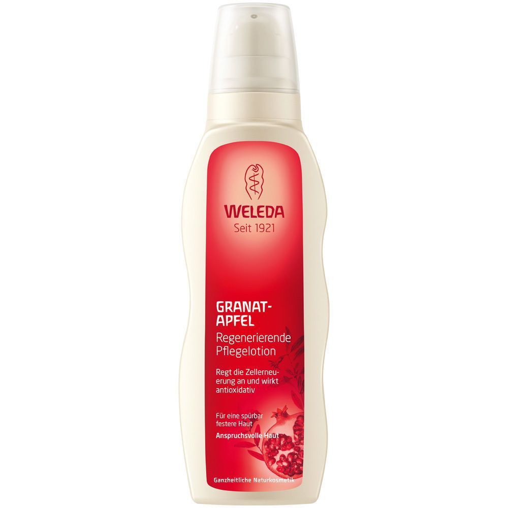 Weleda Granatapfel Pflegelotion. Flasche mit Spender. Roter Aufkleber mit Produktinformationen und Marke.