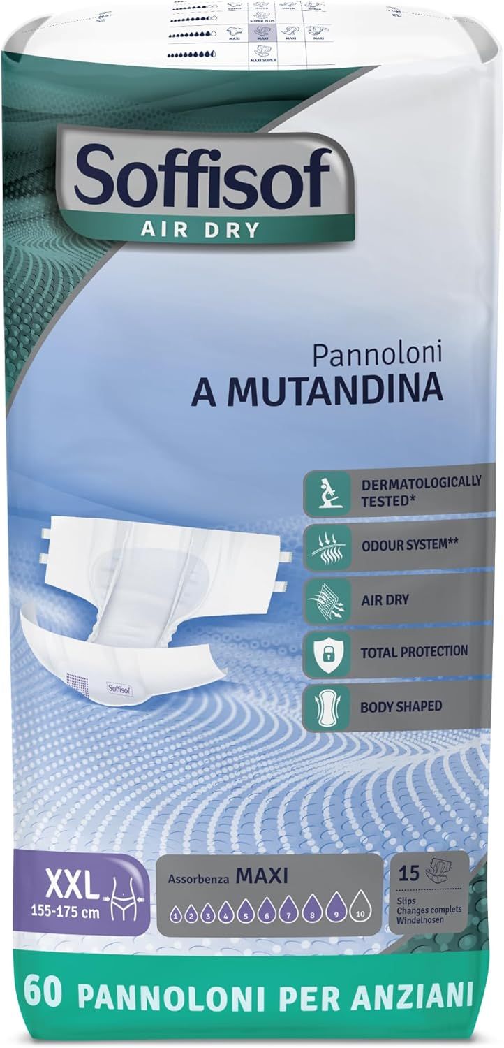 Verpackung mit Soffisof Air Dry Windeln für Erwachsene Maxi. XXL, 155-175 cm. 60 Stück. Merkmale: dermatologisch getestet, Geruchssystem.