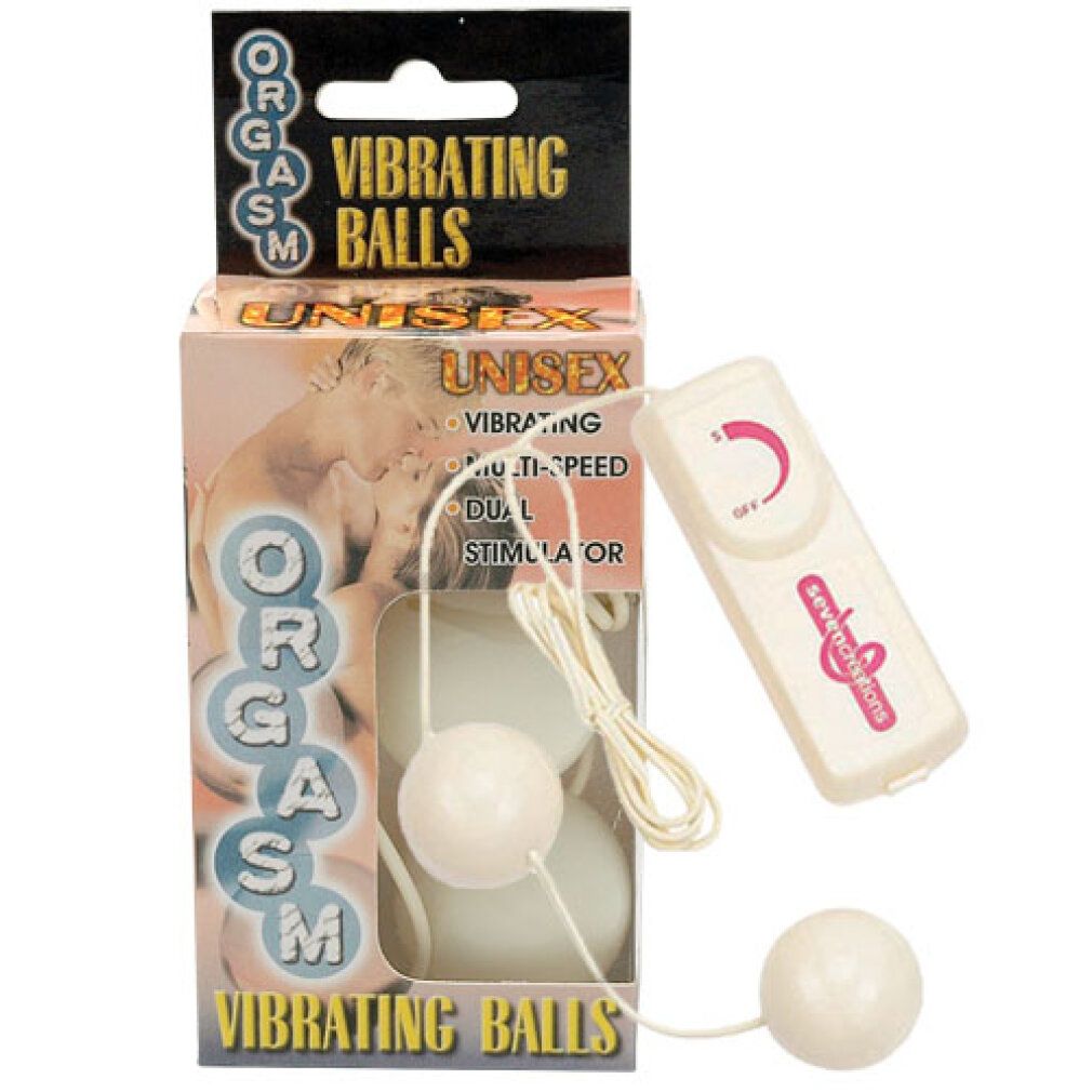 Verpackung mit Vibrationskugeln und Steuergerät. Aufschrift "Vibrating Balls". Kugeln und Steuergerät sichtbar. Unisex-Produkt.