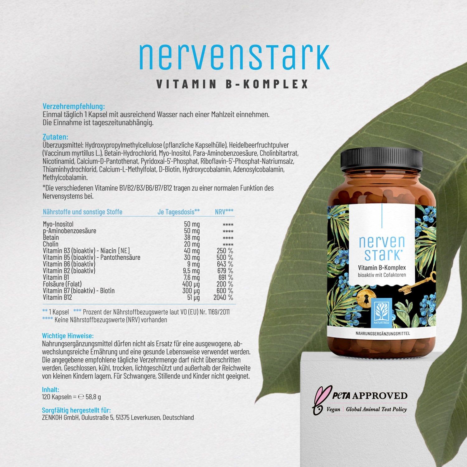 Braune Flasche NERVENSTARK, Vitamin B-Komplex. Etikett mit Inhaltsstoffen und Dosierung. PETA-Logo.