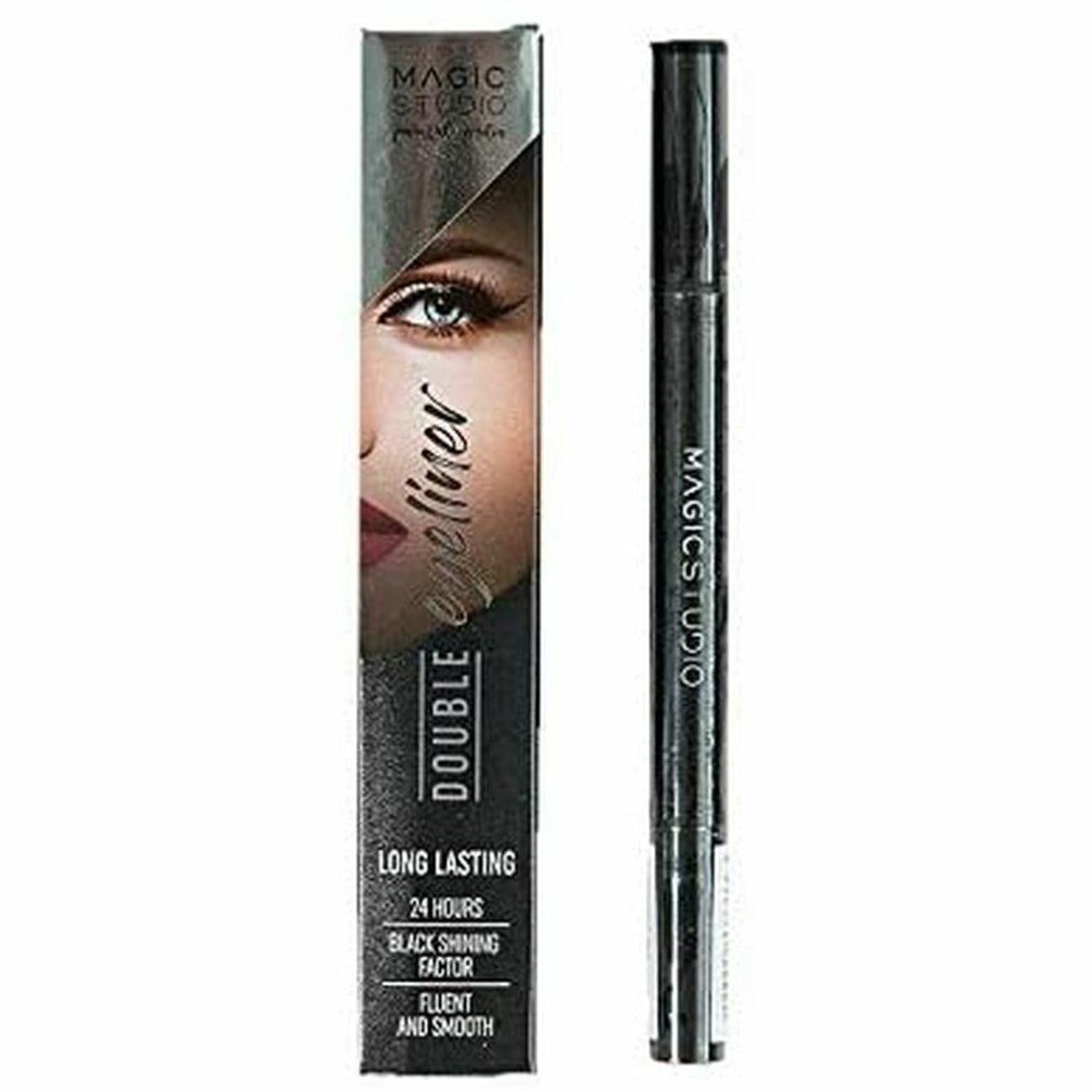 Doppel-Eyeliner und Verpackung. Schwarzer Eyeliner-Stift mit zwei Spitzen. Verpackung mit Produktname und Model-Gesicht.