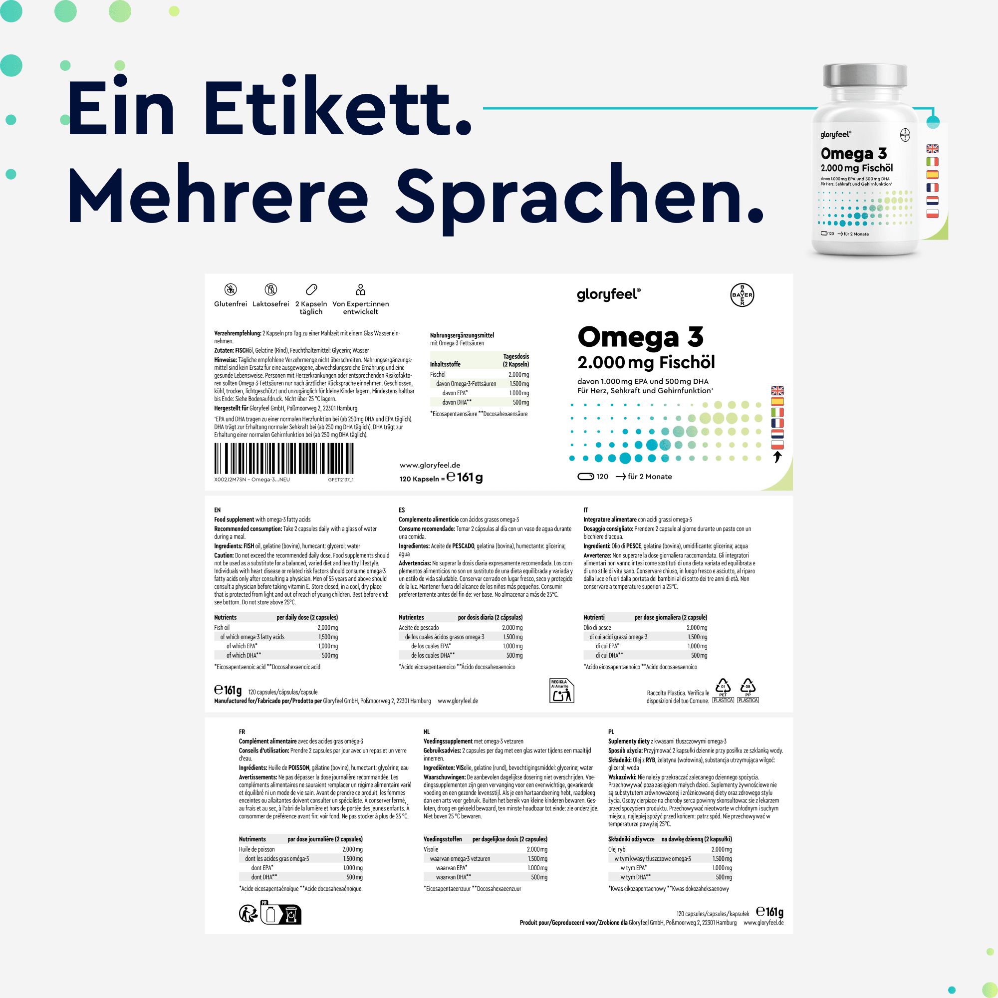 Produktabbildung: gloryfeel Omega 3 Flasche. Mehrsprachiges Etikett mit Produktinformationen.