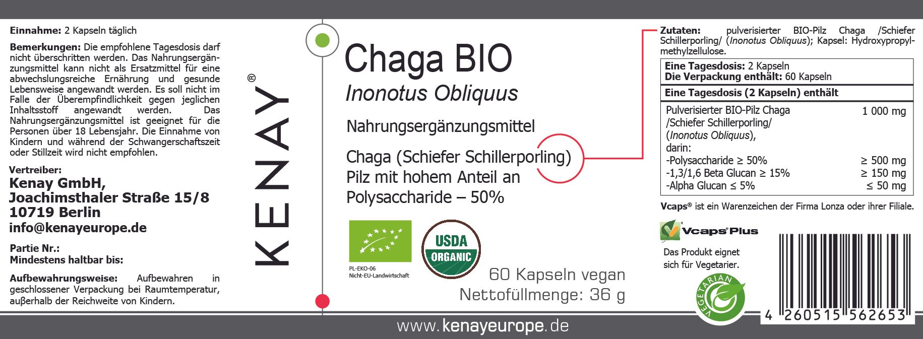 Etikett mit "Chaga BIO", "KENAY", Inhaltsangaben, USDA Organic-Siegel und Informationen zu den Kapseln.