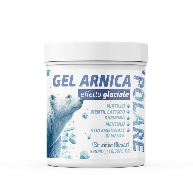 Weißer Tiegel mit blauem Etikett. Aufschrift: GEL ARNICA, effetto glaciale. Abbildung eines Eisbären. Text: Mirtillo, Mentil Lattato, Diosmina, Mentolo, Olio Essenziale di Menta.