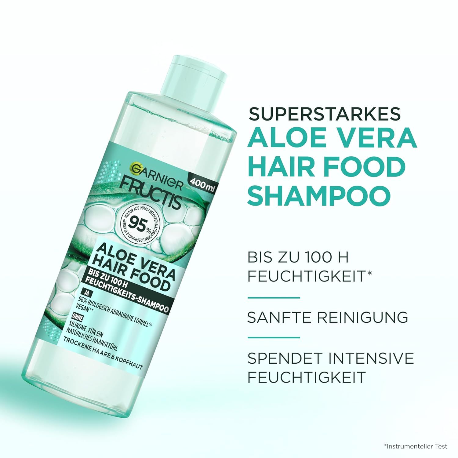 Garnier Fructis Aloe Vera Hair Food Shampoo, 400ml Flasche. Grün-weißes Etikett mit Produktinformationen. 95% Inhaltsstoffe natürlichen Ursprungs.