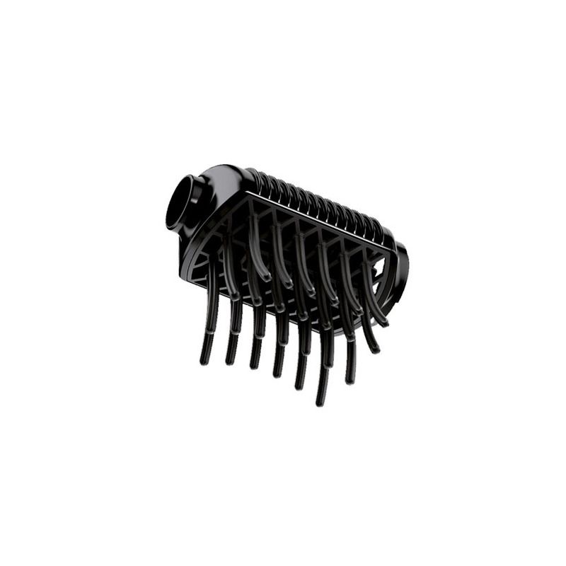 Schwarzer Volumenaufsatz für Haartrockner. Aufsatz mit zylindrischem Anschluss und zahlreichen, gebogenen Zinken.