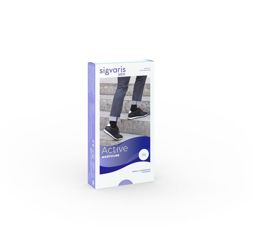 Verpackung von SIGVARIS Active MASCULINE Kompressionsstrümpfen. Die Verpackung zeigt eine Person in Jeans und Sneakers.